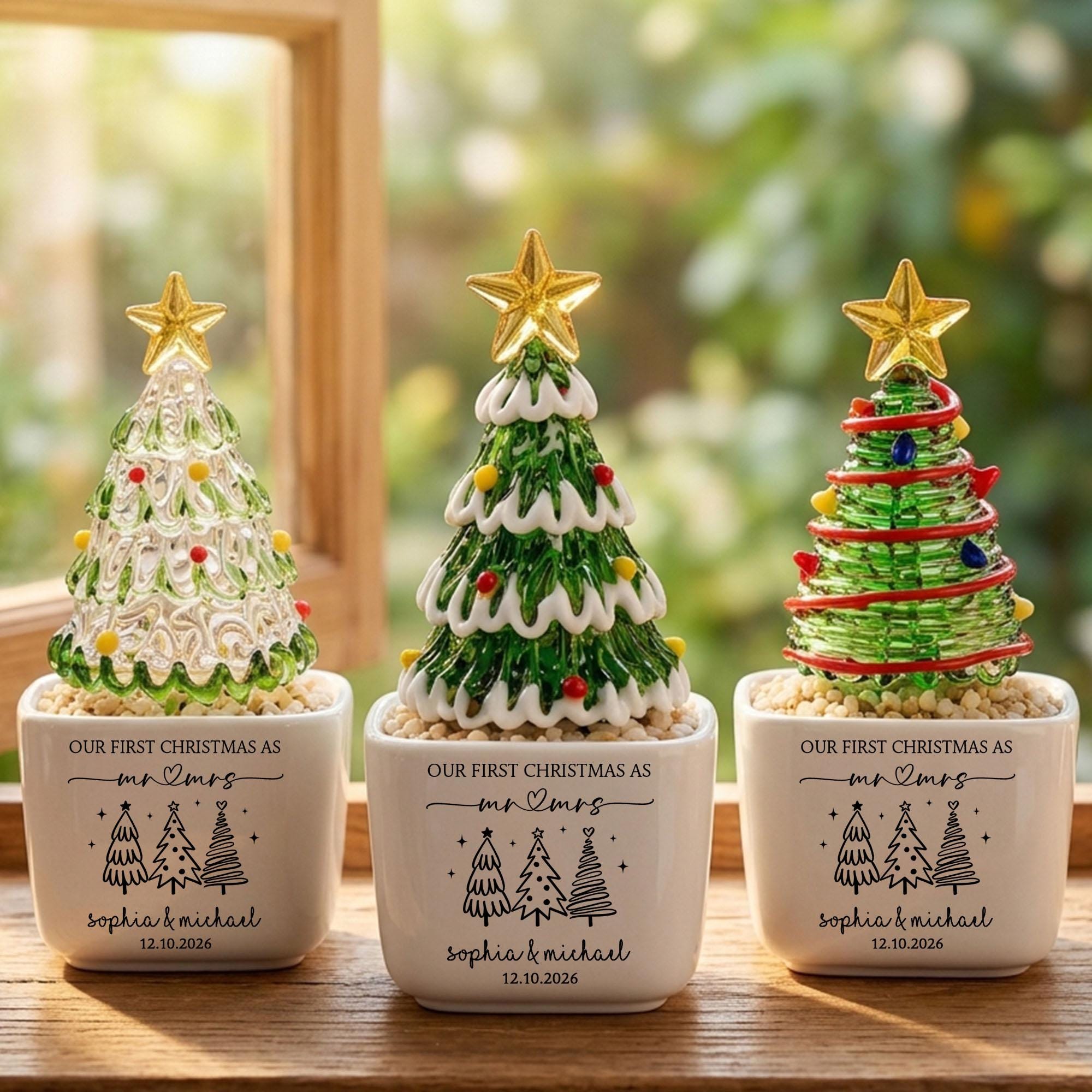 Personalized Mr Mrs Glass Christmas Tree Pot, Wedding Gift, Personalized First Christmas Keepsake, Our 1st Christmas Mr & Mrs Planter,Housewarming Gift