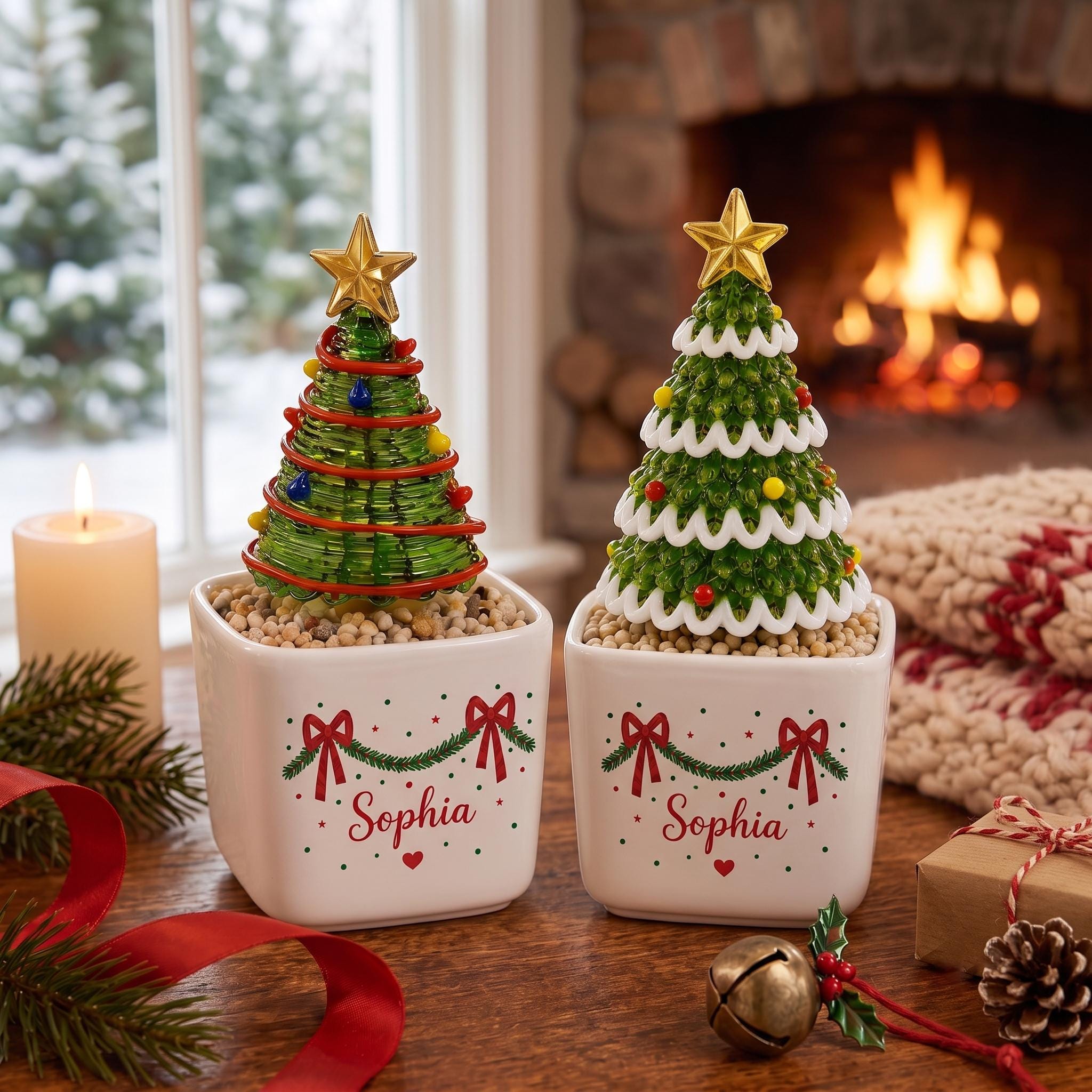Personalized Glass Christmas Tree in Ceramic Pot, Custom Name Holiday Table Decor, Cute Mini Tree Figurine, Christmas 2026 Gift