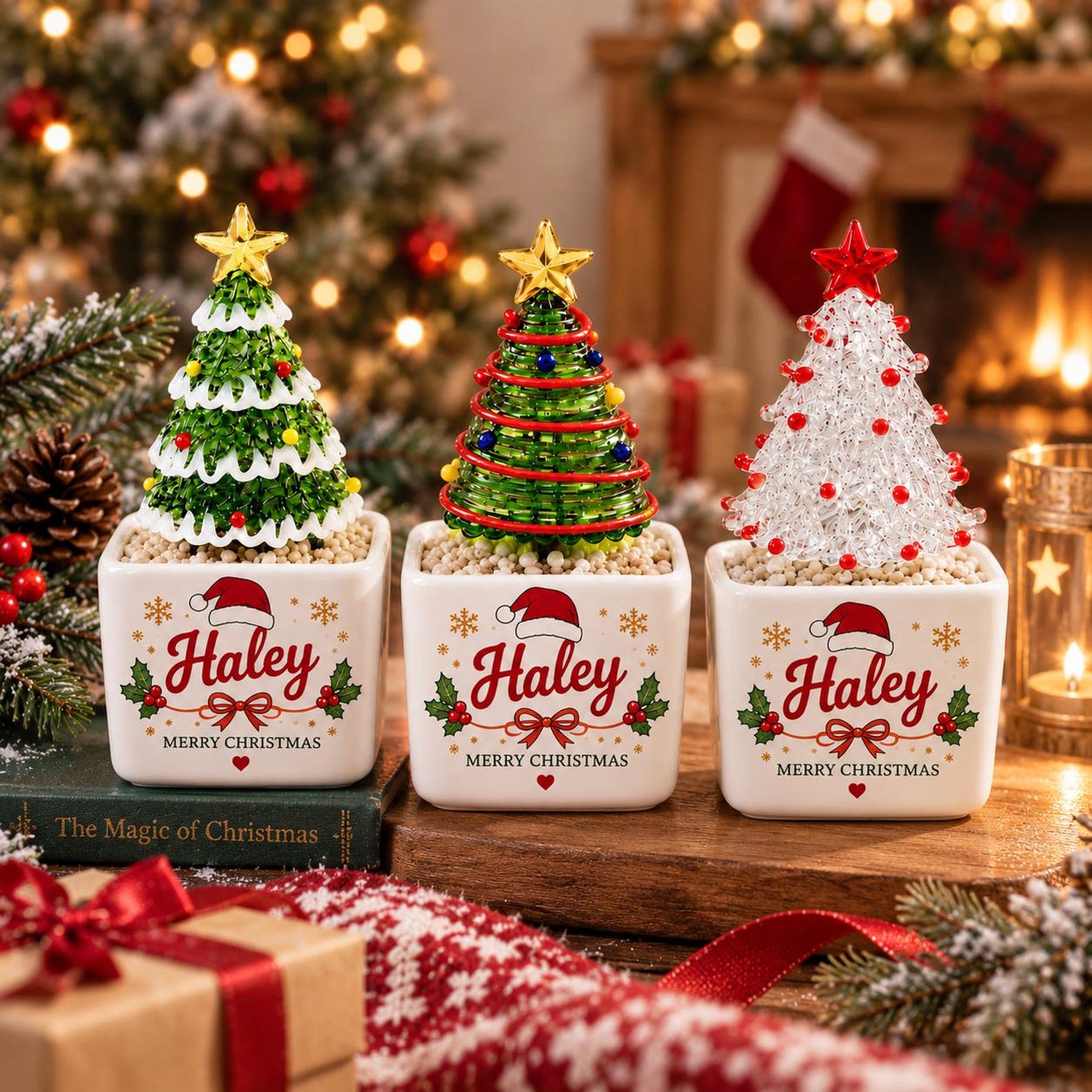 Personalized Glass Christmas Tree, Custom Name Mini Holiday Decor, Christmas Keepsake, Secret Santa Teacher Coworker Gift