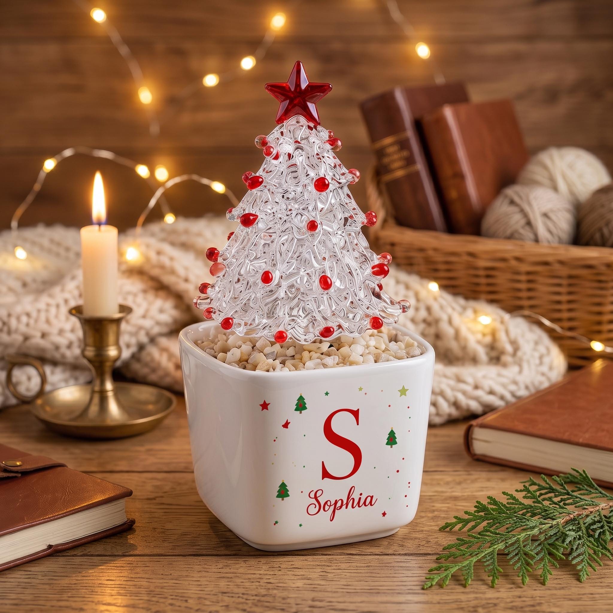 Personalized Glass Christmas Tree, Custom Name Mini Holiday Decor, Christmas Keepsake, Secret Santa Teacher Coworker Gift