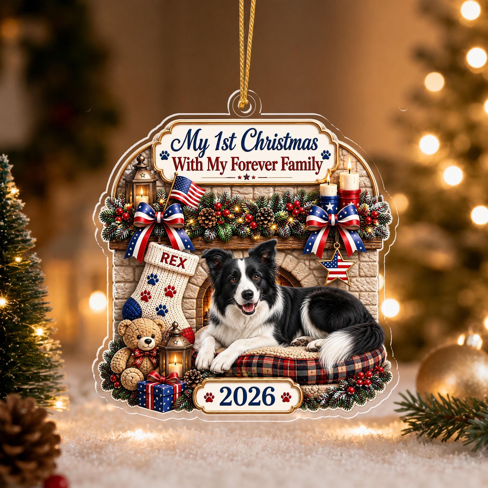 Personalized Pet Photo Ornament, Dog's My First Christmas With My Forever Family, Custom Dog Adoption Gift, Rescue Pet Keepsake, 2D Flat