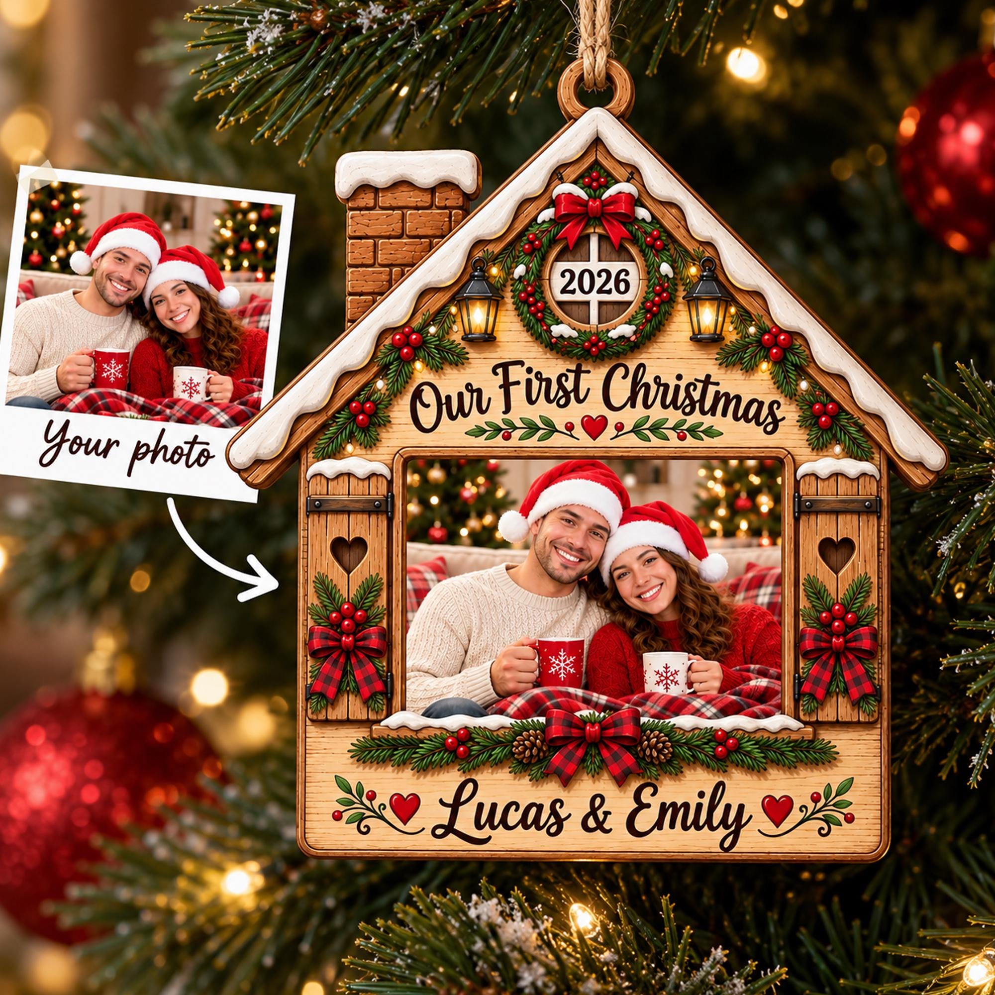 Personalized First Christmas New Home Wood Ornament, Custom Couple Photo Ornament, Our First Christmas 2026, New Homeowner Gift