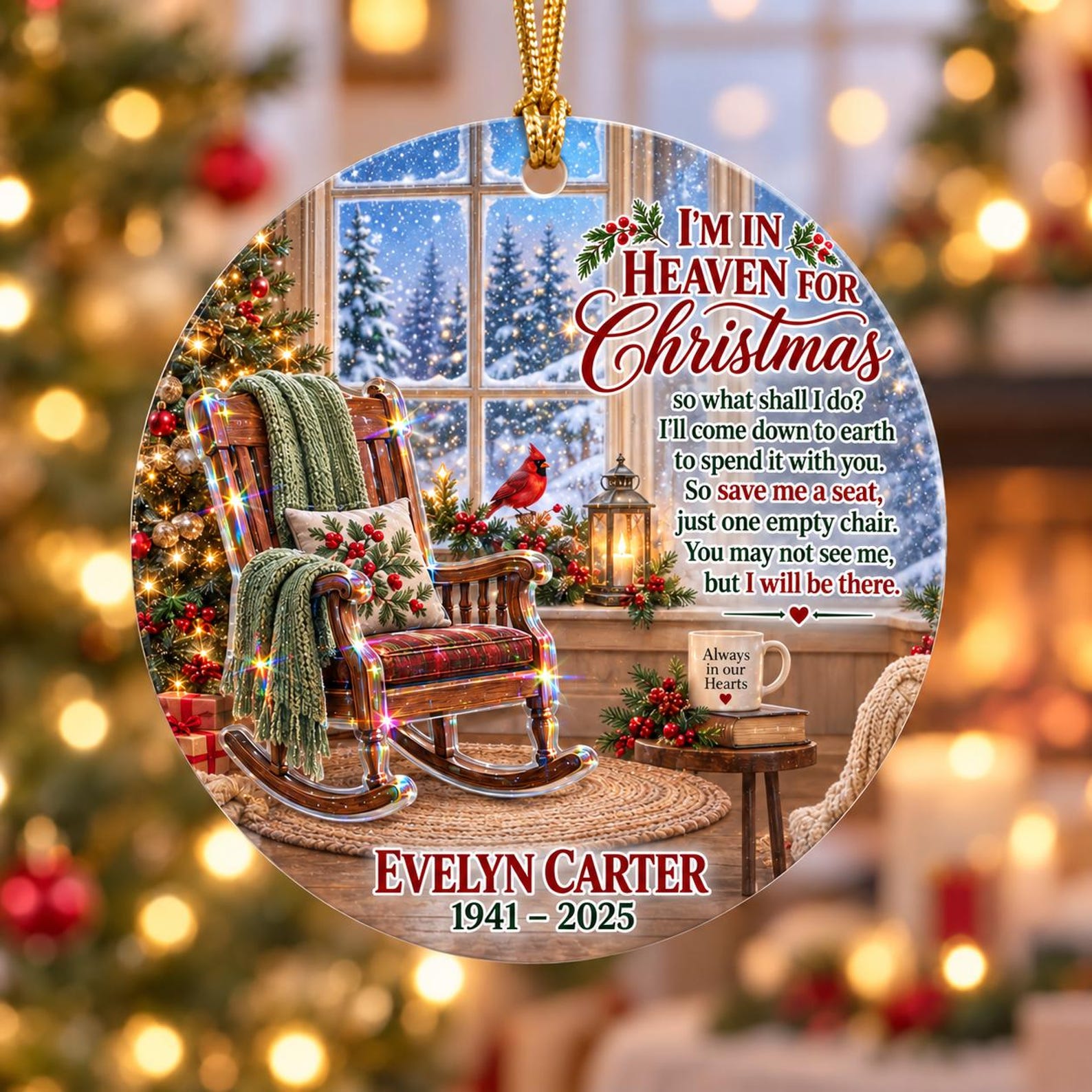 Personalized Photo Memorial Hologram Ornament, I'm In Heaven For Christmas Empty Chair, Sympathy Loss Glitter Gift 2026,Loss Of Loved One Gifts