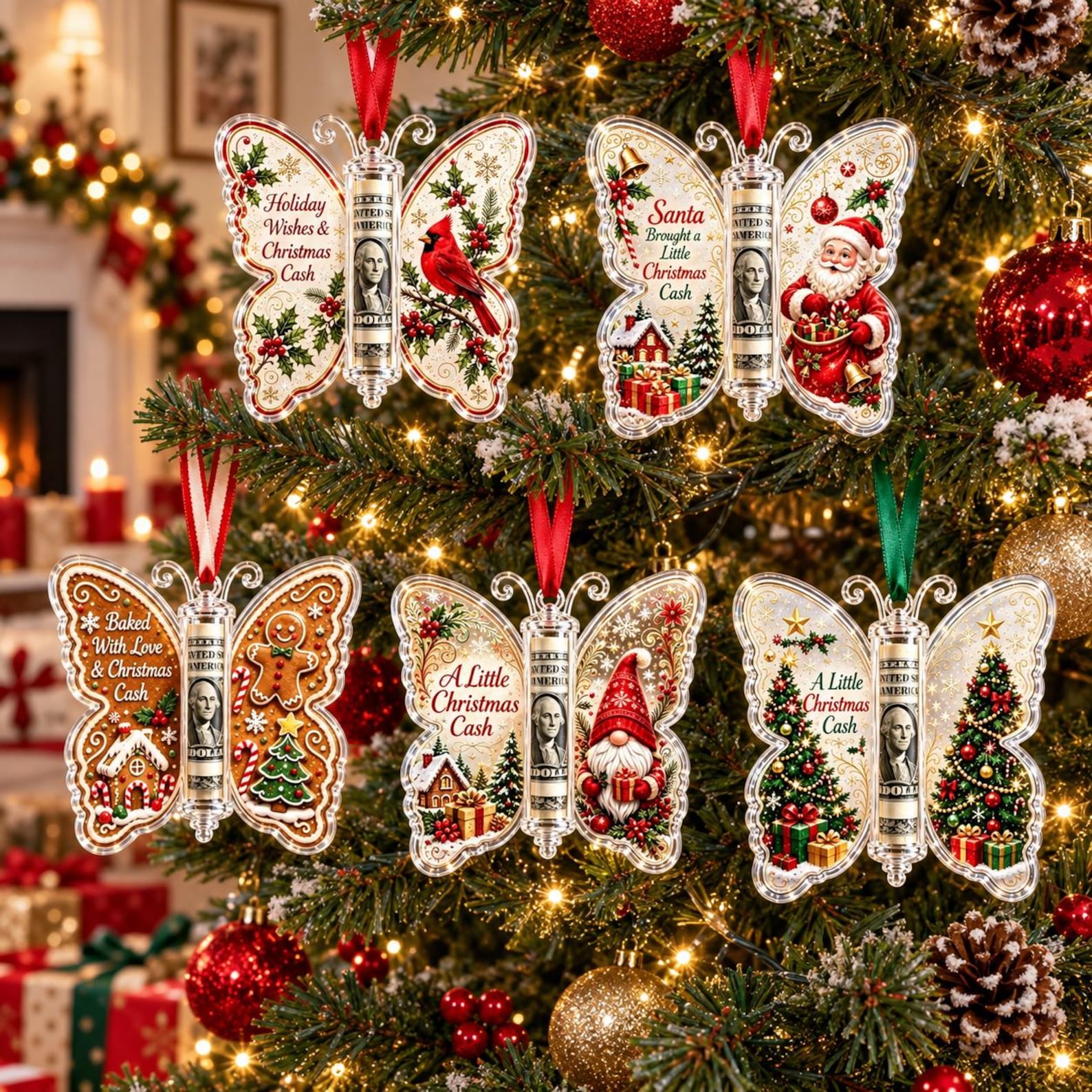Personalized Butterfly Christmas Cash Holder Ornament, Acrylic Money Gift Holder, Xmas Tree Hanging Decoration, Unique Holiday Gift