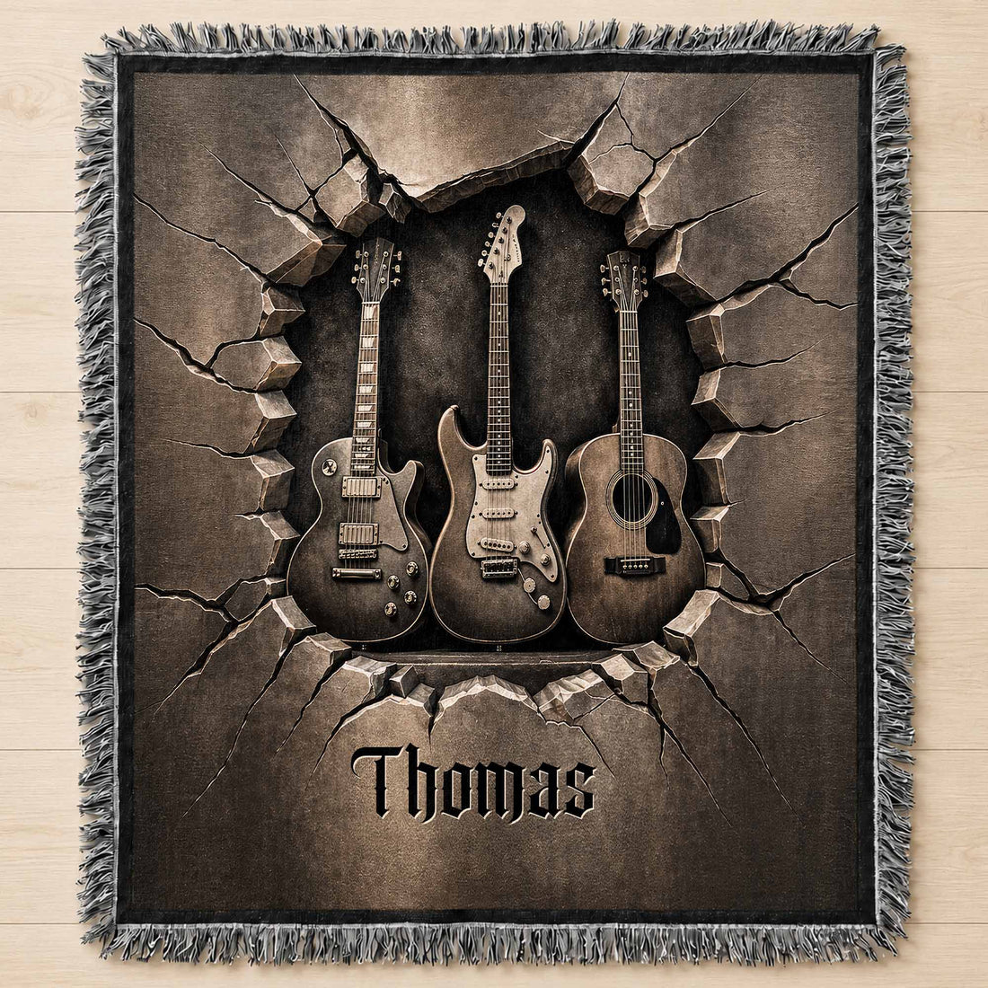 Personalized 3D Guitar Cracked Wall Personalized Woven Blanket, Gift for Musicians