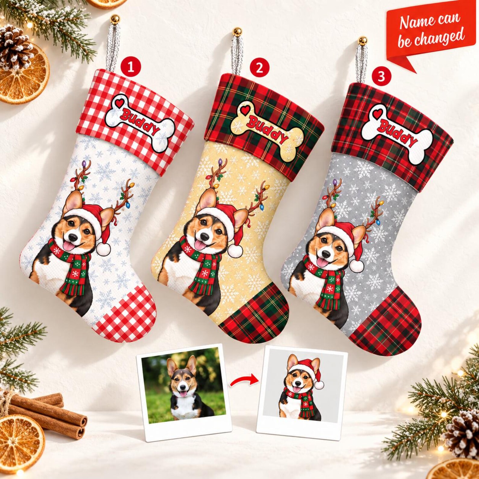 Personalized Christmas Bone Stocking, Custom Pet Photo Name Stocking with Checkered Plaid Pattern, Cute Holiday Decor Gift for Pet Lovers