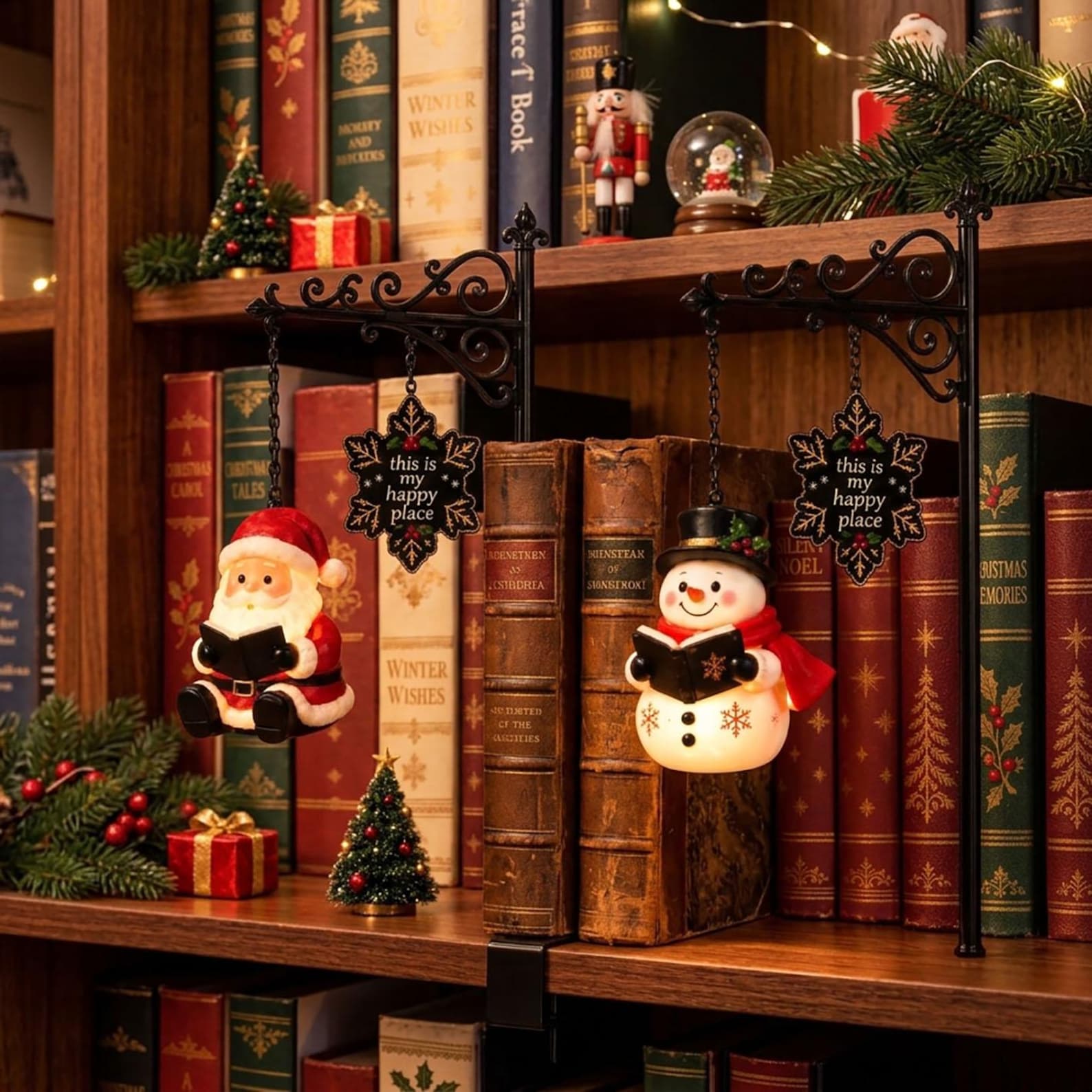 Christmas Bookshelf Decor Light Up Christmas Bookshelf Decor,7 Color LED Book Nook Light,Wrought Iron Hanging Holiday Sign,Santa Snowman Reindeer Angel,Christmas Gift
