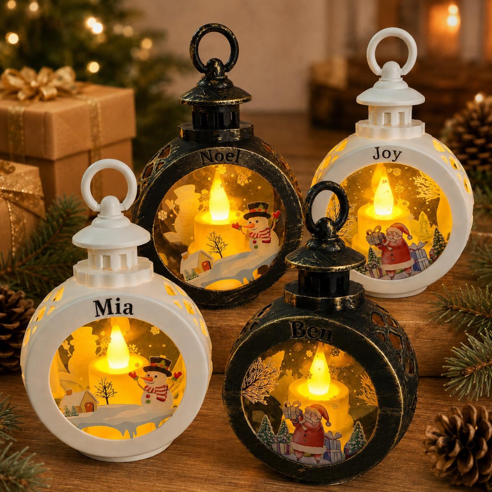 Personalized Christmas Lantern Night Light, LED Snowman or Santa Holiday Decor