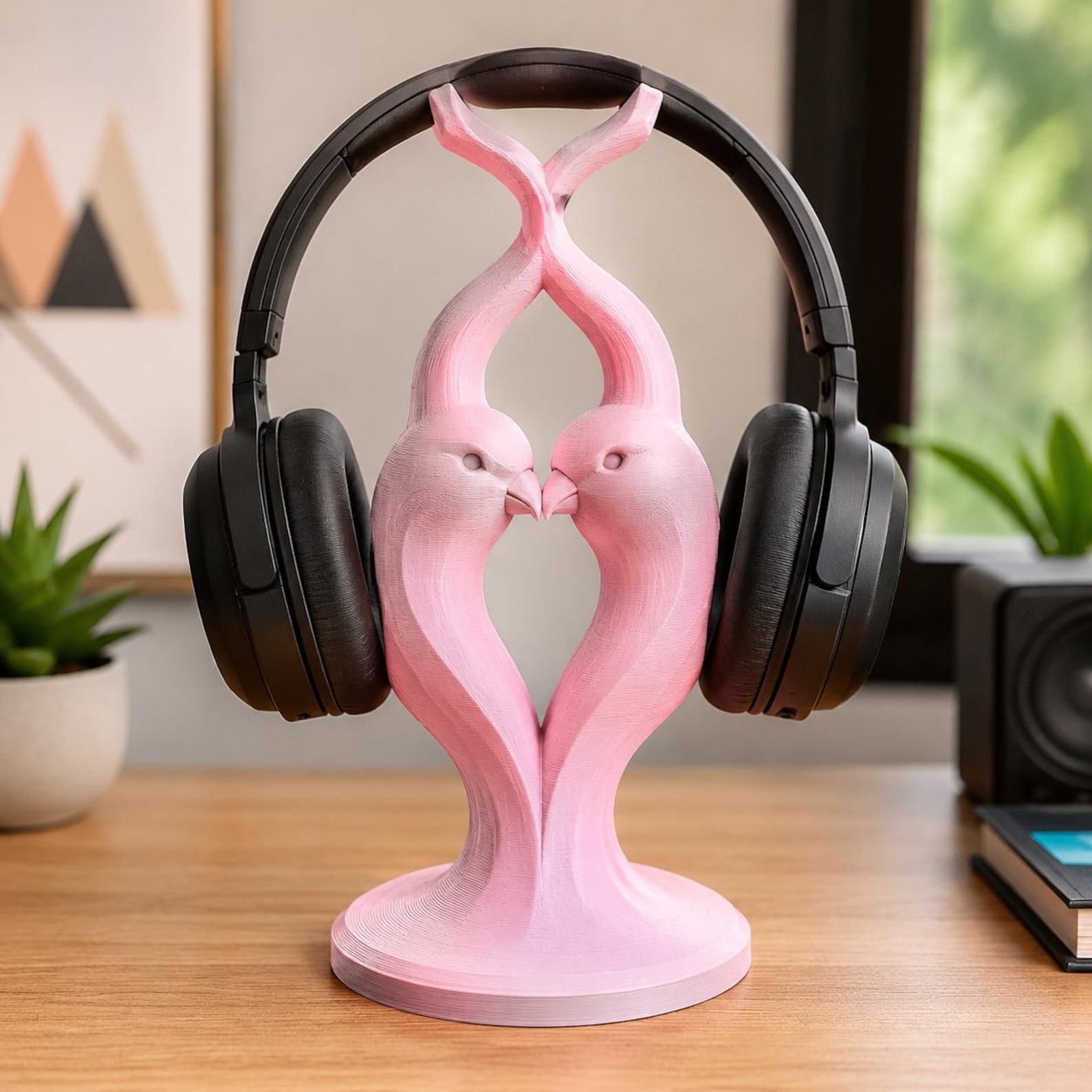 Lovebird 3D Printed Headphone Stand - Artisan Hand Painted Headset Holder for Gaming Desks and Music Lovers