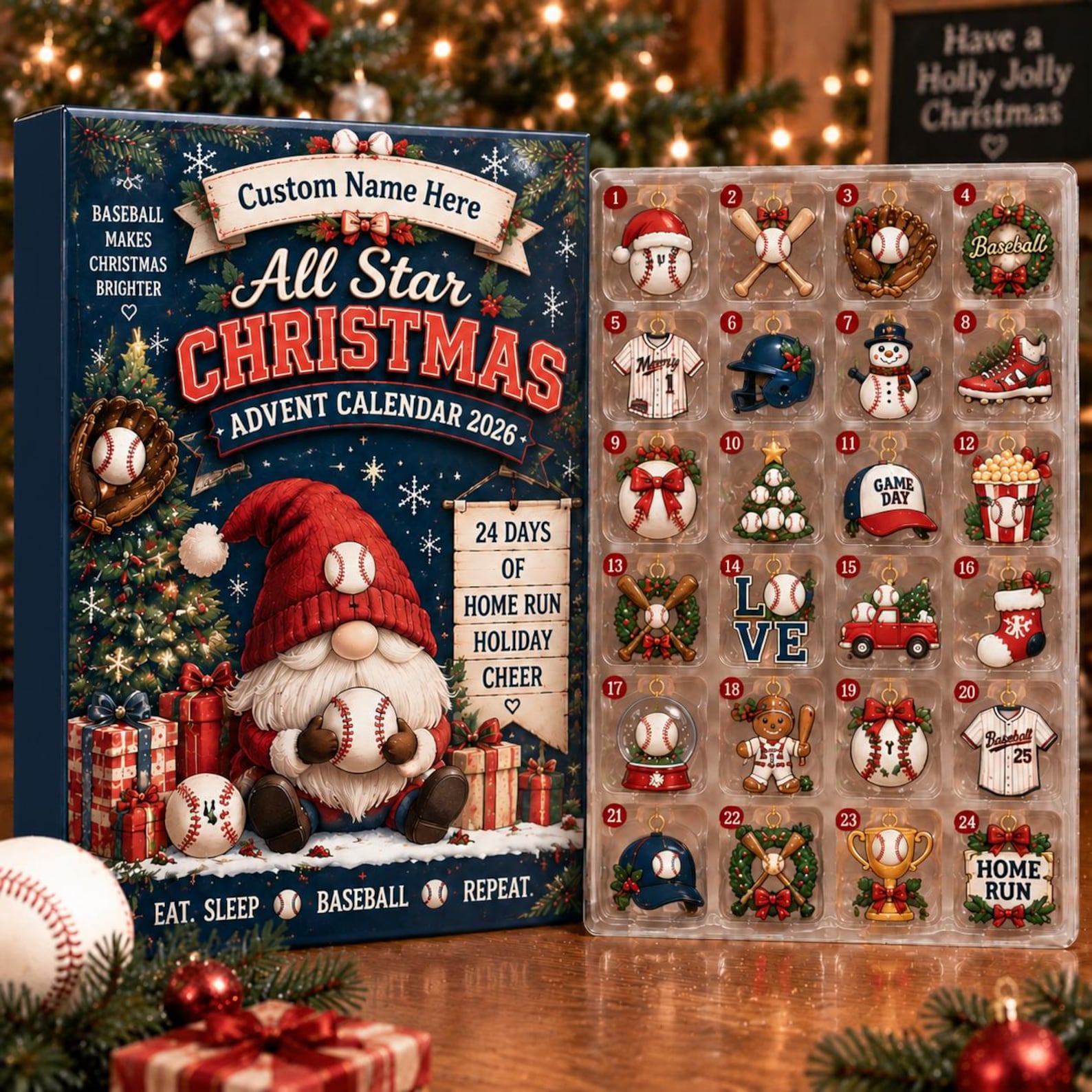 Personalized Name Baseball Advent Calendar 2026, Christmas Countdown Box, 24 Baseball Charms, Personalized Name Holiday Keepsake, Baseball Player Gift