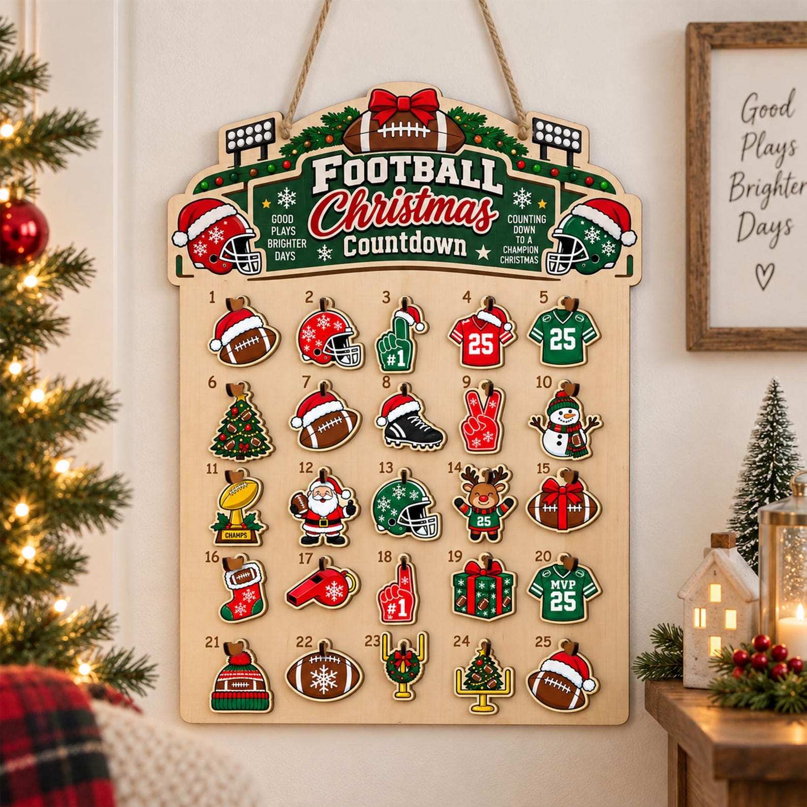 Wooden Football Christmas Advent Calendar, 25-Day Hanging Ornament Countdown