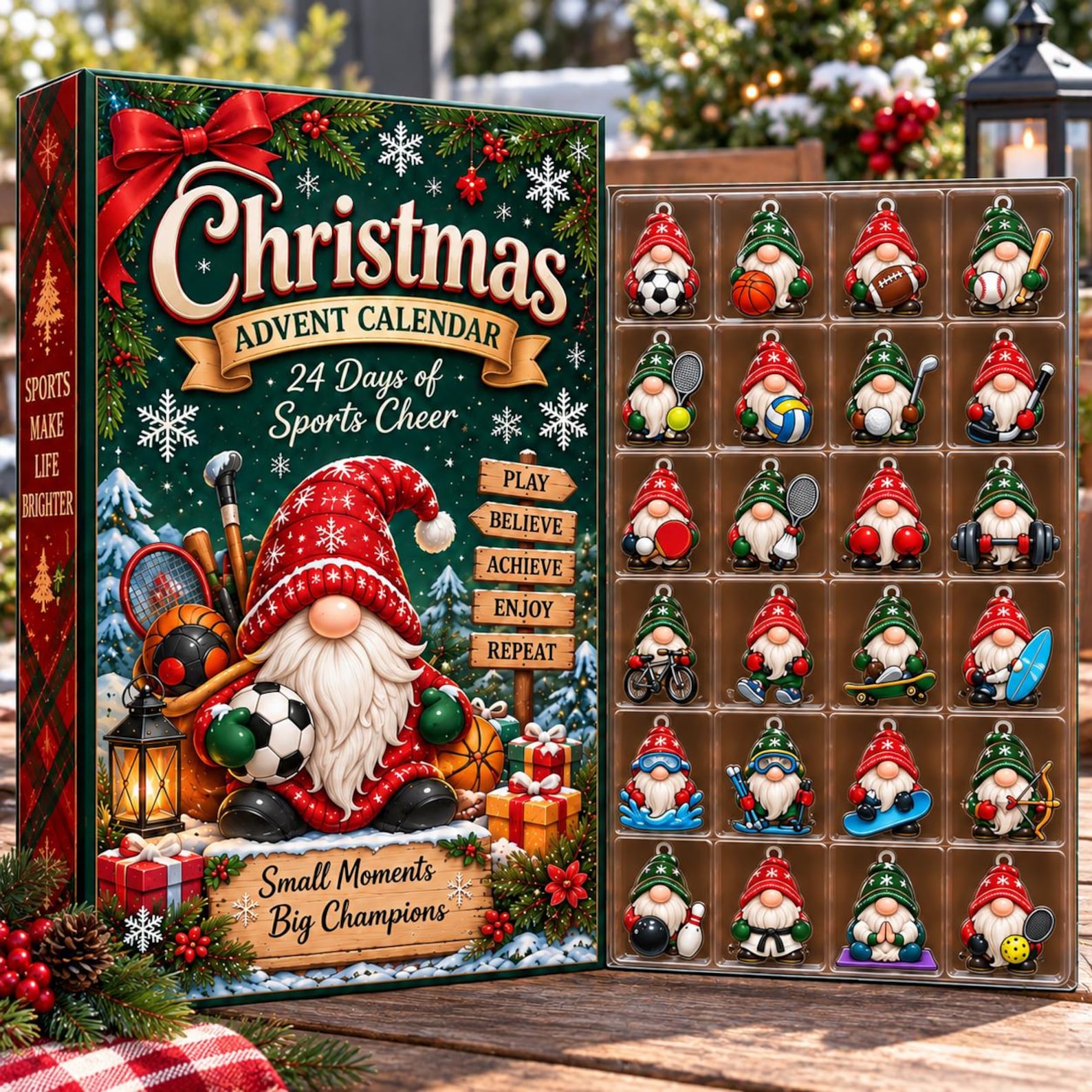 Sports Gnome Advent Calendar, 24-Day Holiday Charm Box, Mini Ornaments