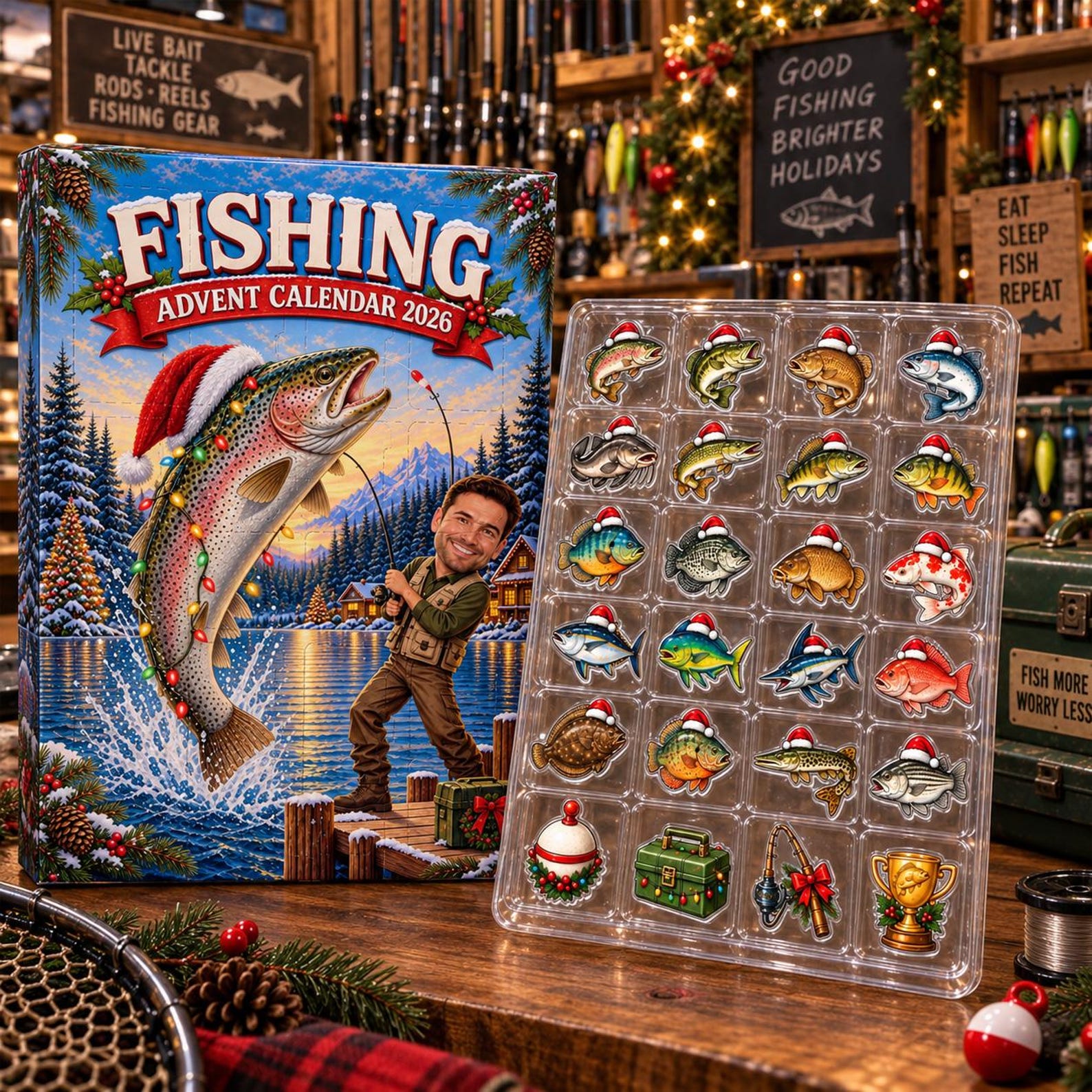 Personalized Fishing Advent Calendar: Custom Face Photo Christmas Countdown Charms Blind Box
