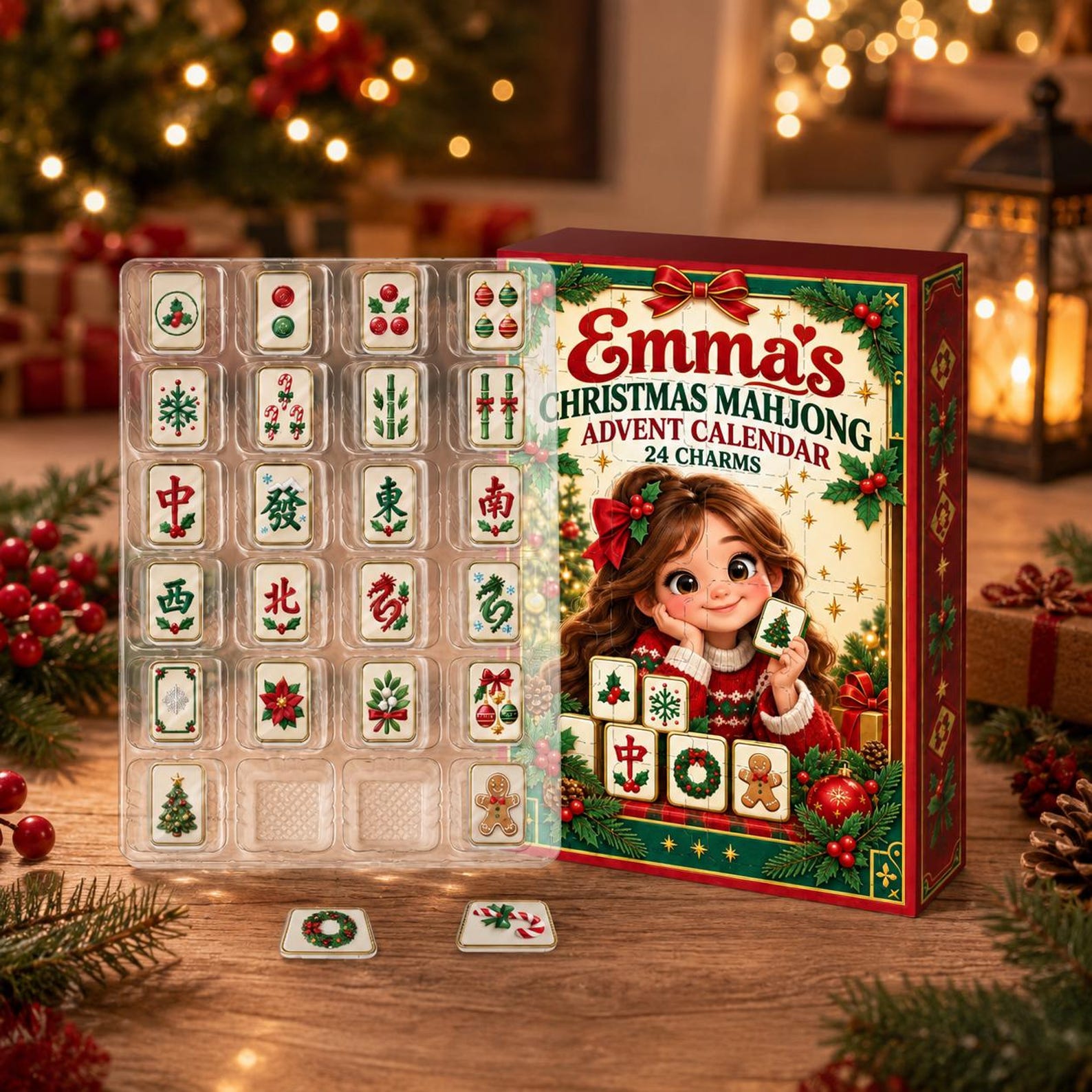 Personalized Mahjong Advent Calendar: Custom Photo Box, 24 Christmas Charms