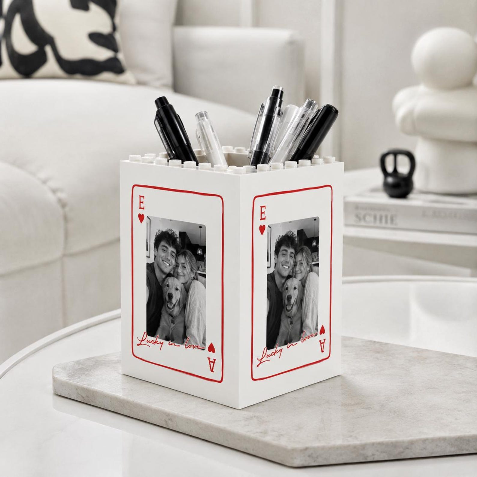 Personalized Couple Playing Card Block Pen Holder, 1 St Anniversary Gift For Husband, Personalized Desk Organizer For Wife, Birthday Gift For Him