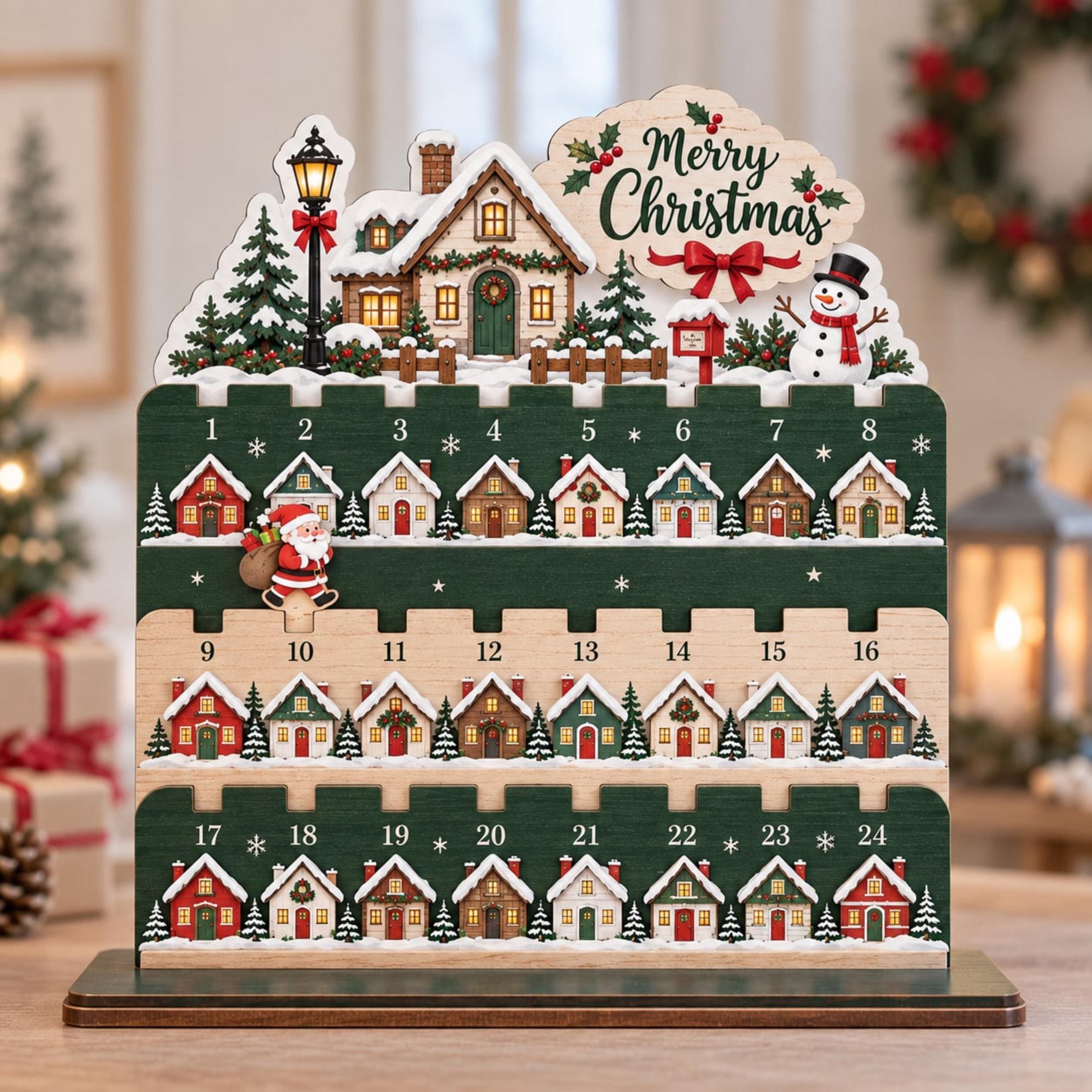 Christmas Countdown Calendar Wooden Stand, 24-Day Advent, Santa Village Decor