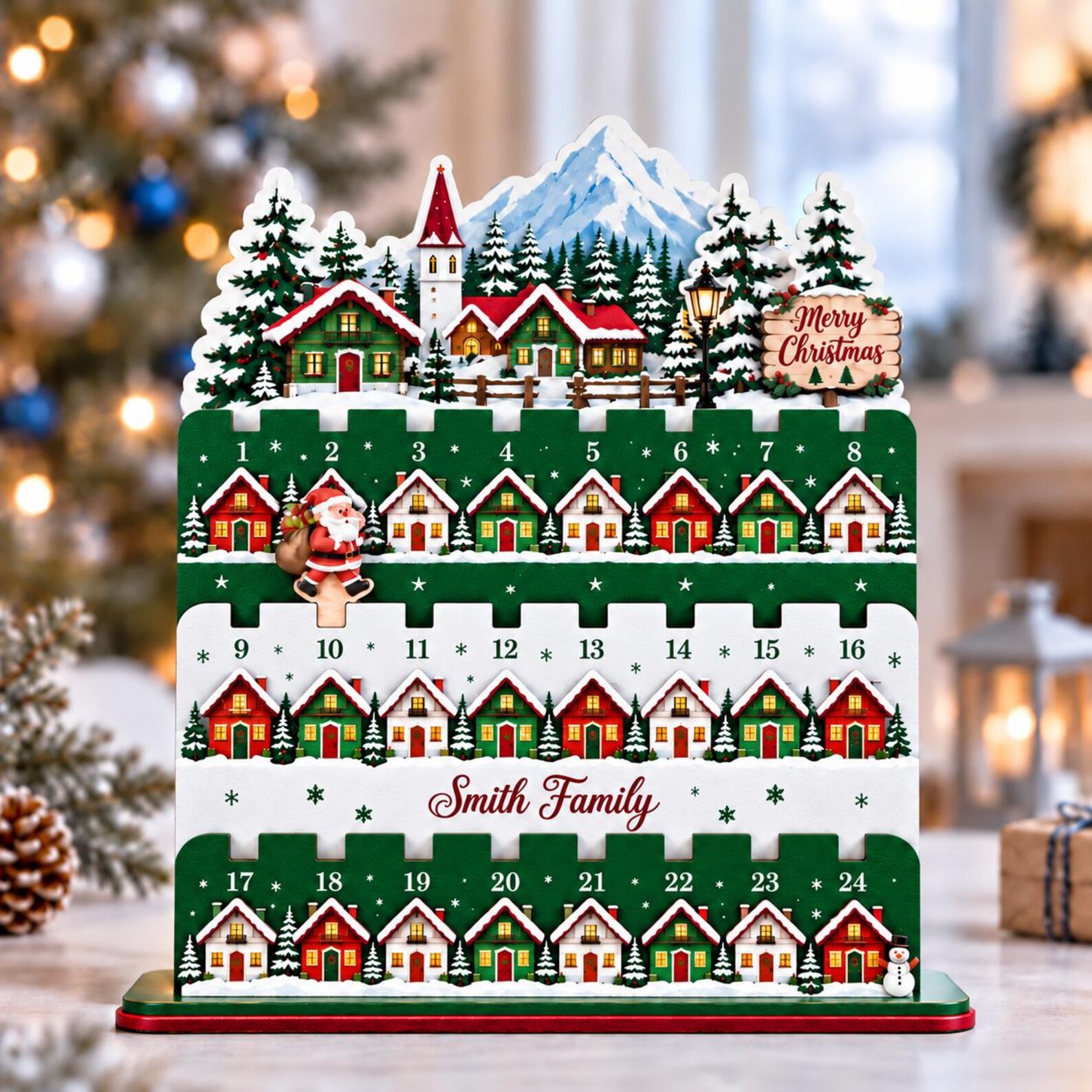 Personalized Christmas Countdown Calendar Wooden Stand, 24-Day Family Advent Calendar