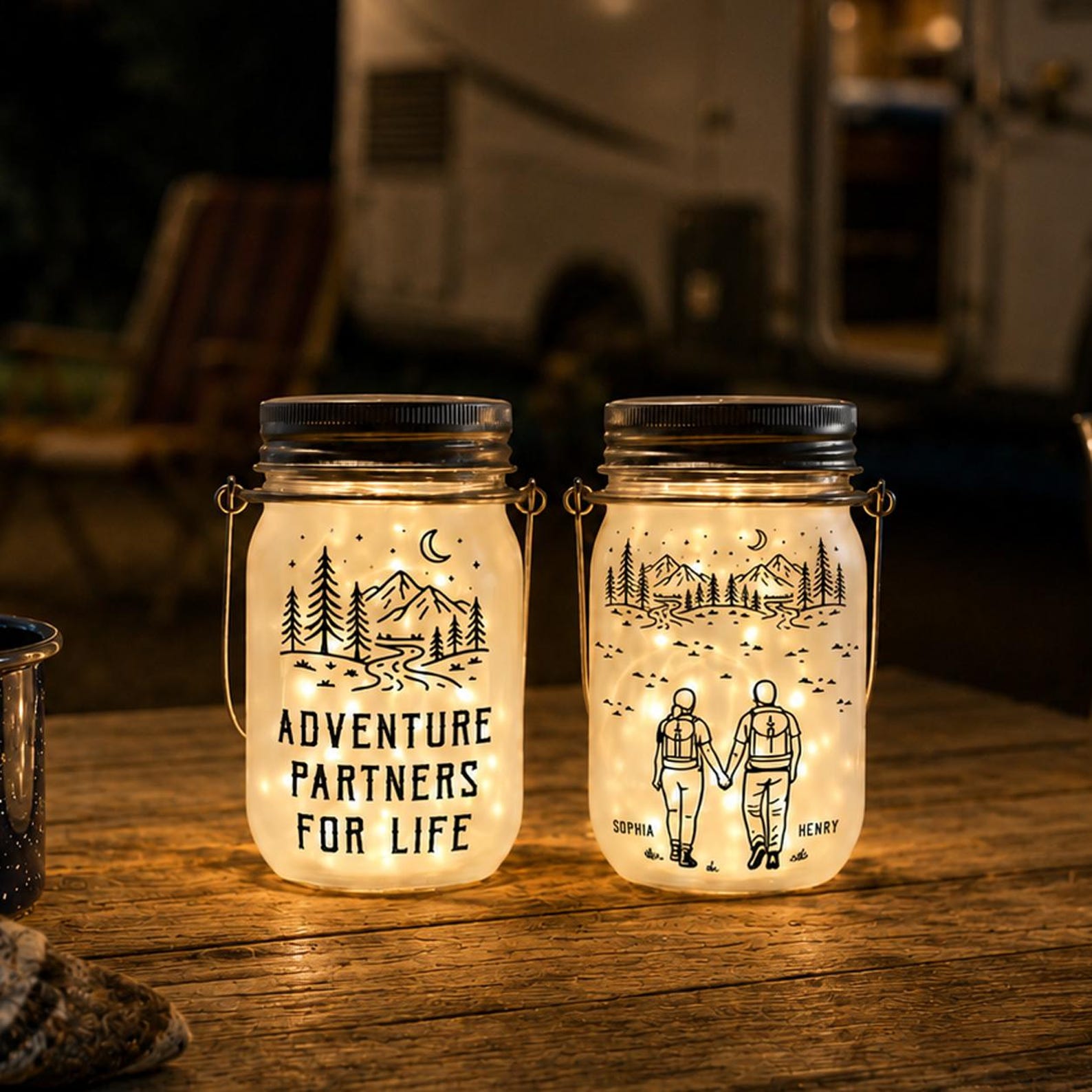 Personalized Adventure Partners For Life Solar Mason Jar Light, Custom Camping Couple Night Light Jar, Hiking Couple Keepsake, Couple Gift