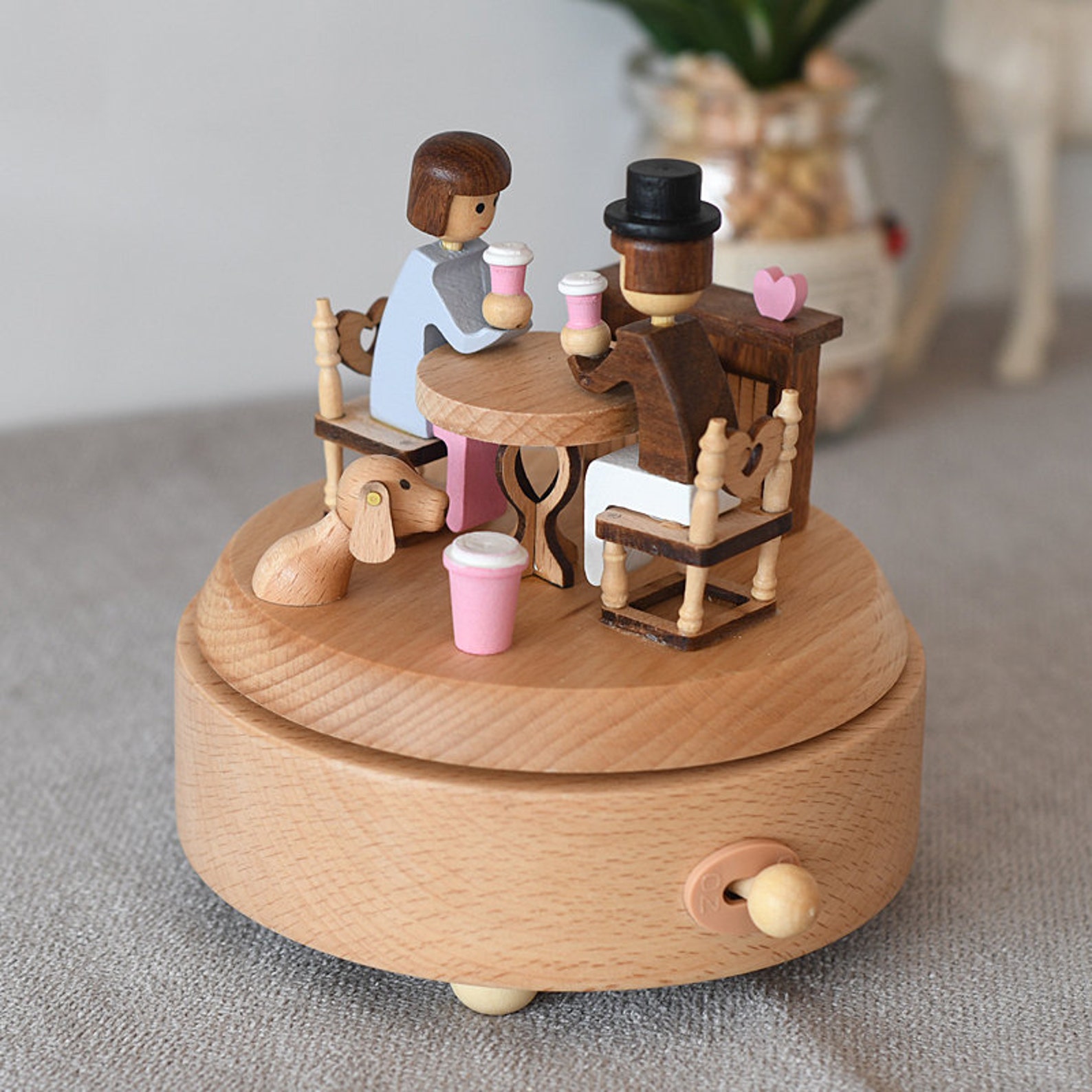 Personalized Wooden Music Box Afternoon Latte Rotating "Love Story" Couple Anniversary Gift