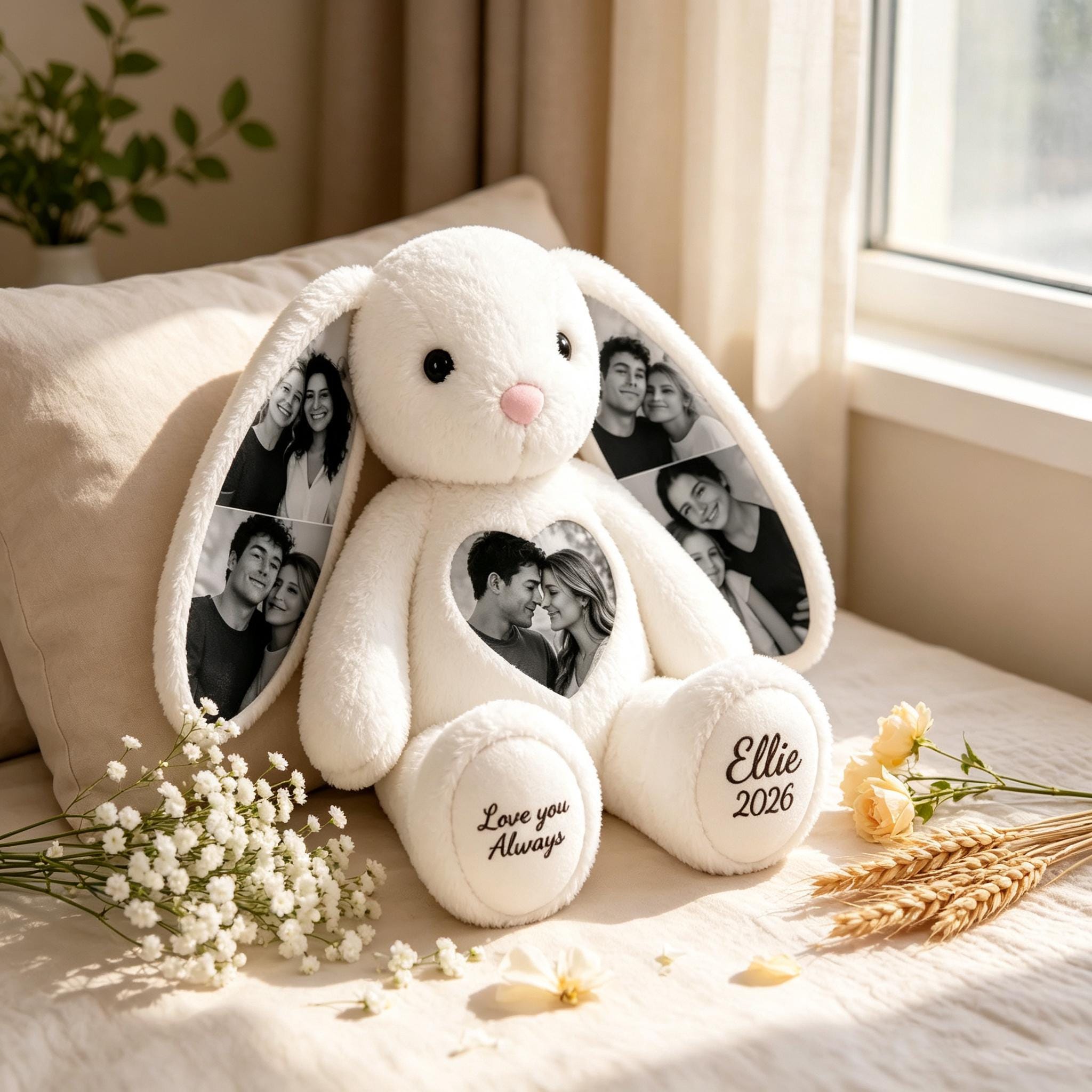 Personalized Photo Bunny Plush  Custom Hidden Ear Stuffed Animal Memory Keepsake Rabbit Gift for Couples Bestie