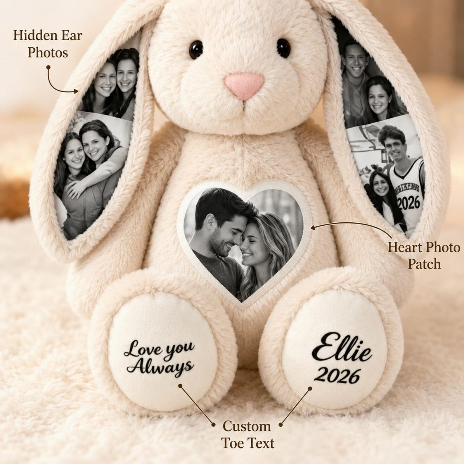 Personalized Photo Bunny Plush  Custom Hidden Ear Stuffed Animal Memory Keepsake Rabbit Gift for Couples Bestie