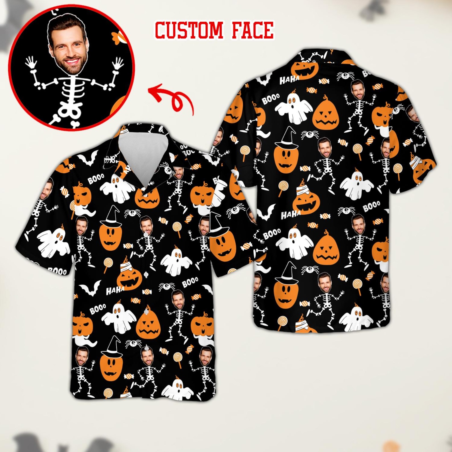 Personalized Face Halloween Hawaiian Shirt, Personalized Skeleton Shirt with Photo, Spooky Ghost Pumpkin Bat Button Down, Funny Halloween Gift