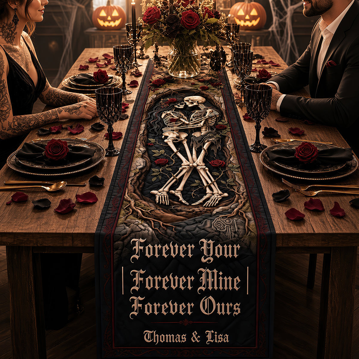 Eternal Love Skeleton Couple Quilted Table Runner - Personalized Gifts For Couples 