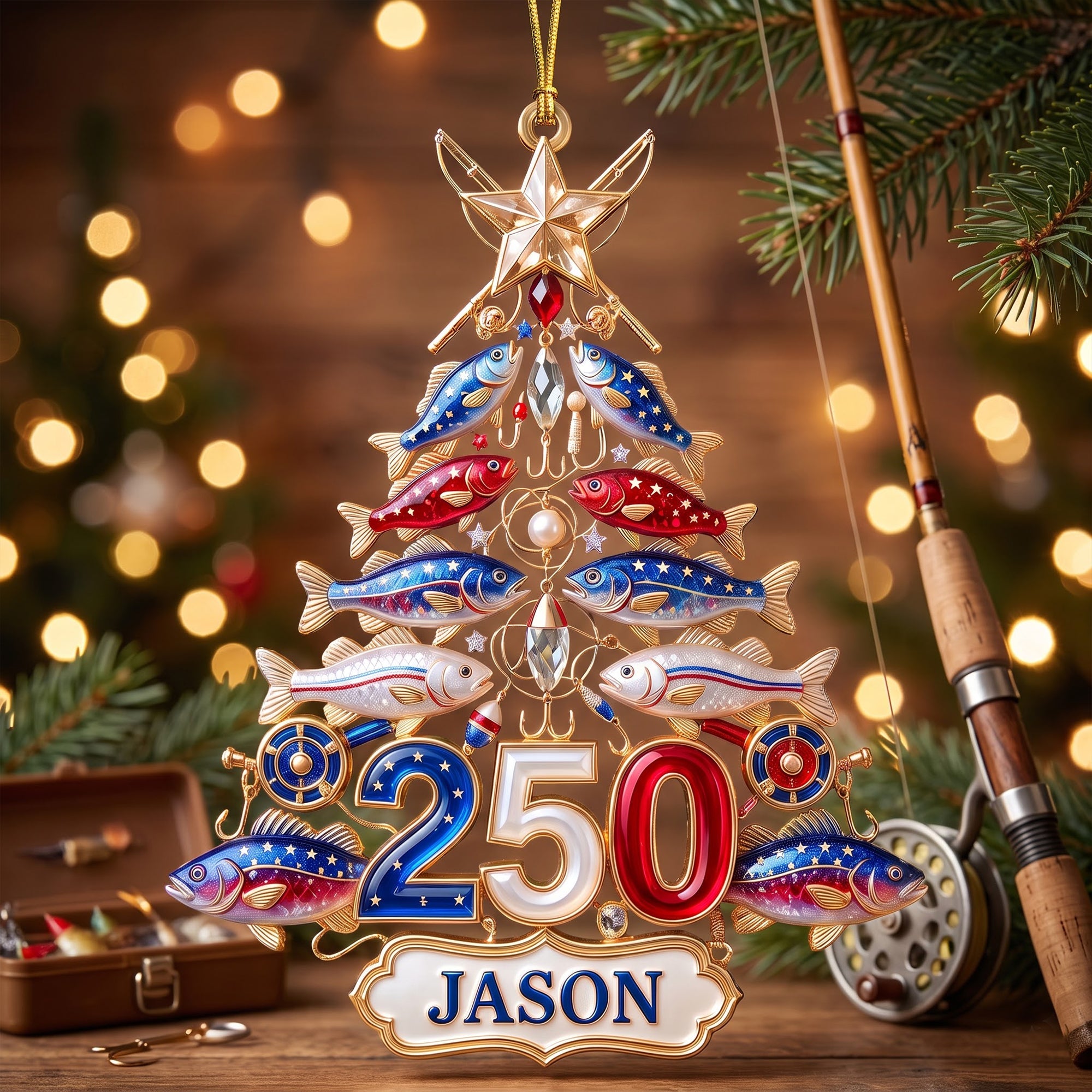 Personalized Fishing 250th USA Anniversary Ornament - Personalized Gifts For Christmas