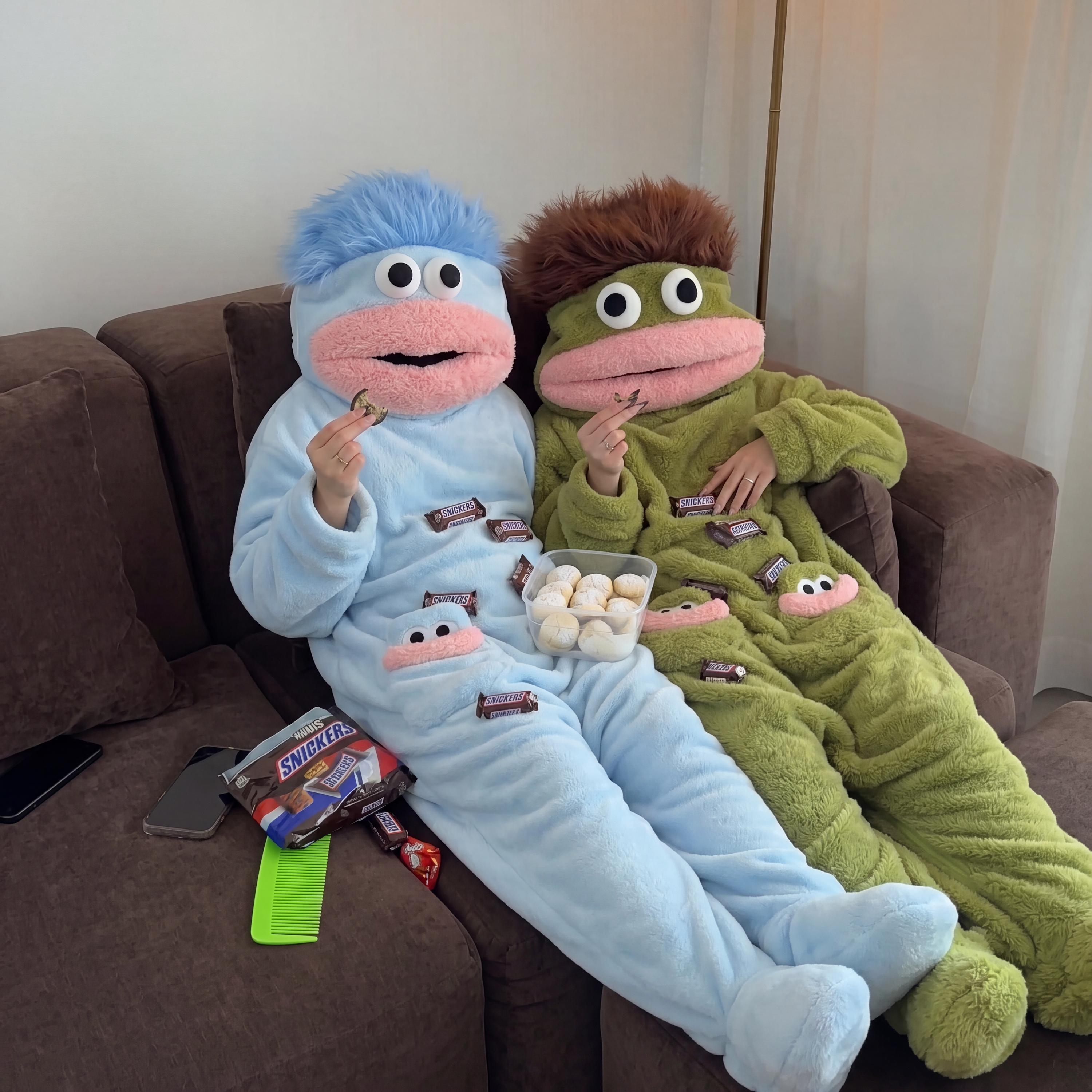 Personalized Funny Googly Eye Monster Frog Onesie with Name, Hooded Wearable Blanket Pajamas, Oversized Plush Fleece Adult Loungewear, Cozy Gag Gift
