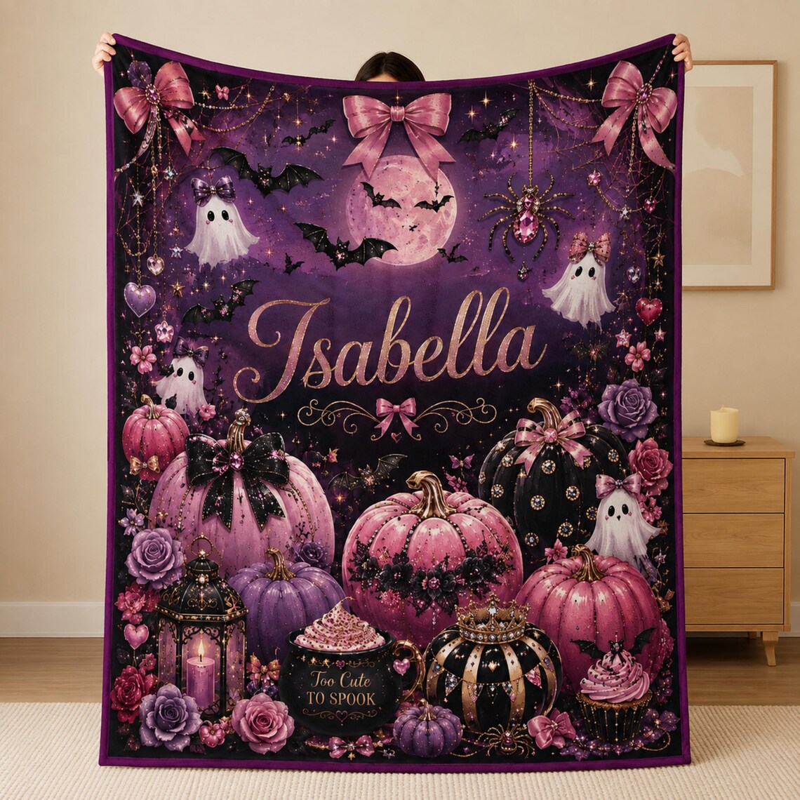 Personalized Halloween Blanket, Personalized Pink Custom Name Plush Throw, Girly Spooky Blanket, Cute Ghost Pumpkin Halloween Gift
