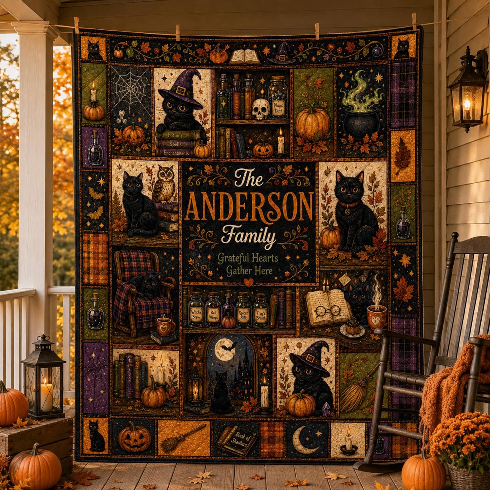 Personalized Halloween Quilt Blanket, Custom Family Name Black Cat Witch Throw, Pumpkin Gothic Patchwork, Spooky Autumn Gift