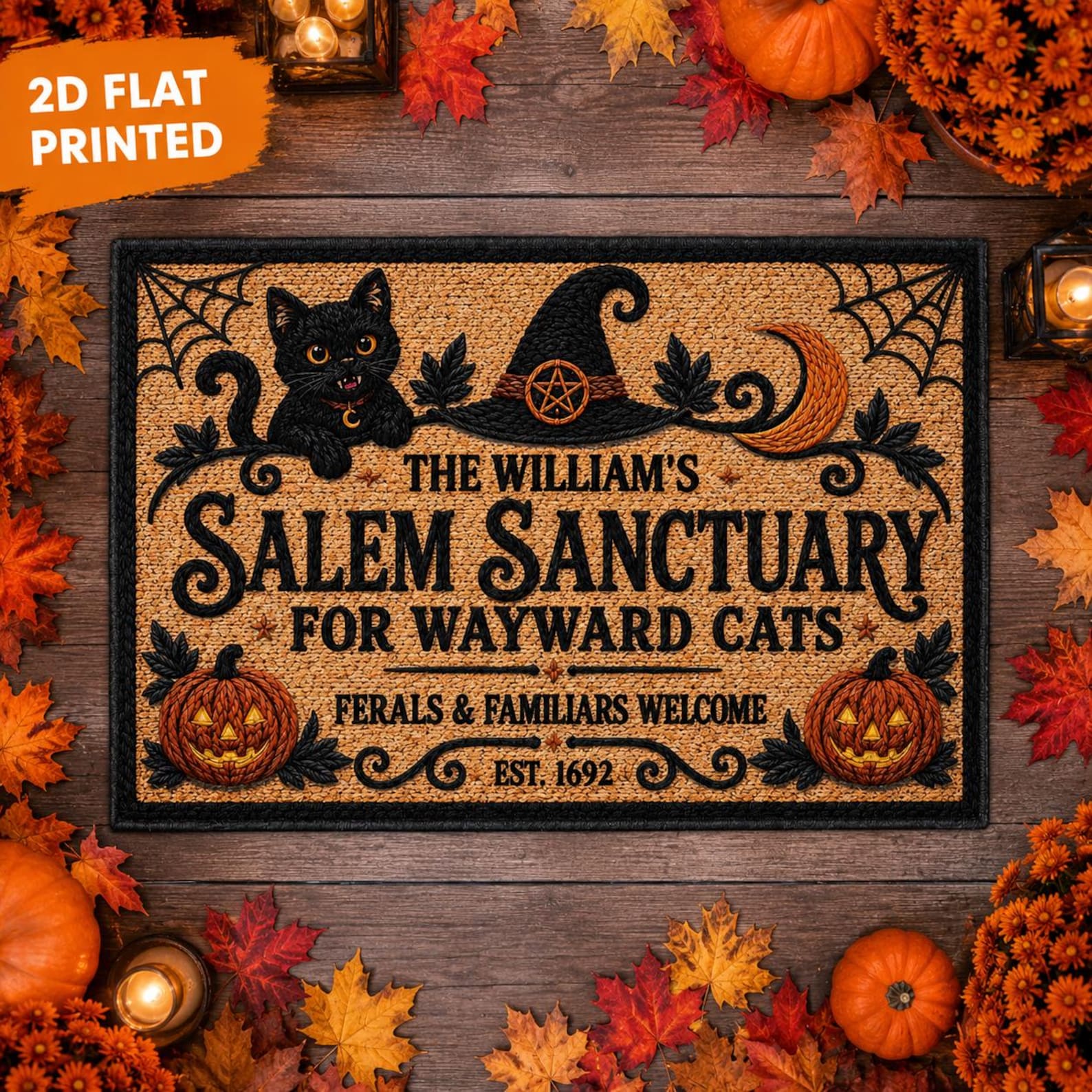 Personalized Witch Cat Welcome Mat, Salem Sanctuary Personalized Halloween Doormat, Custom Family Name Wayward Cats Sign, Cat Lover Porch Fall Decor