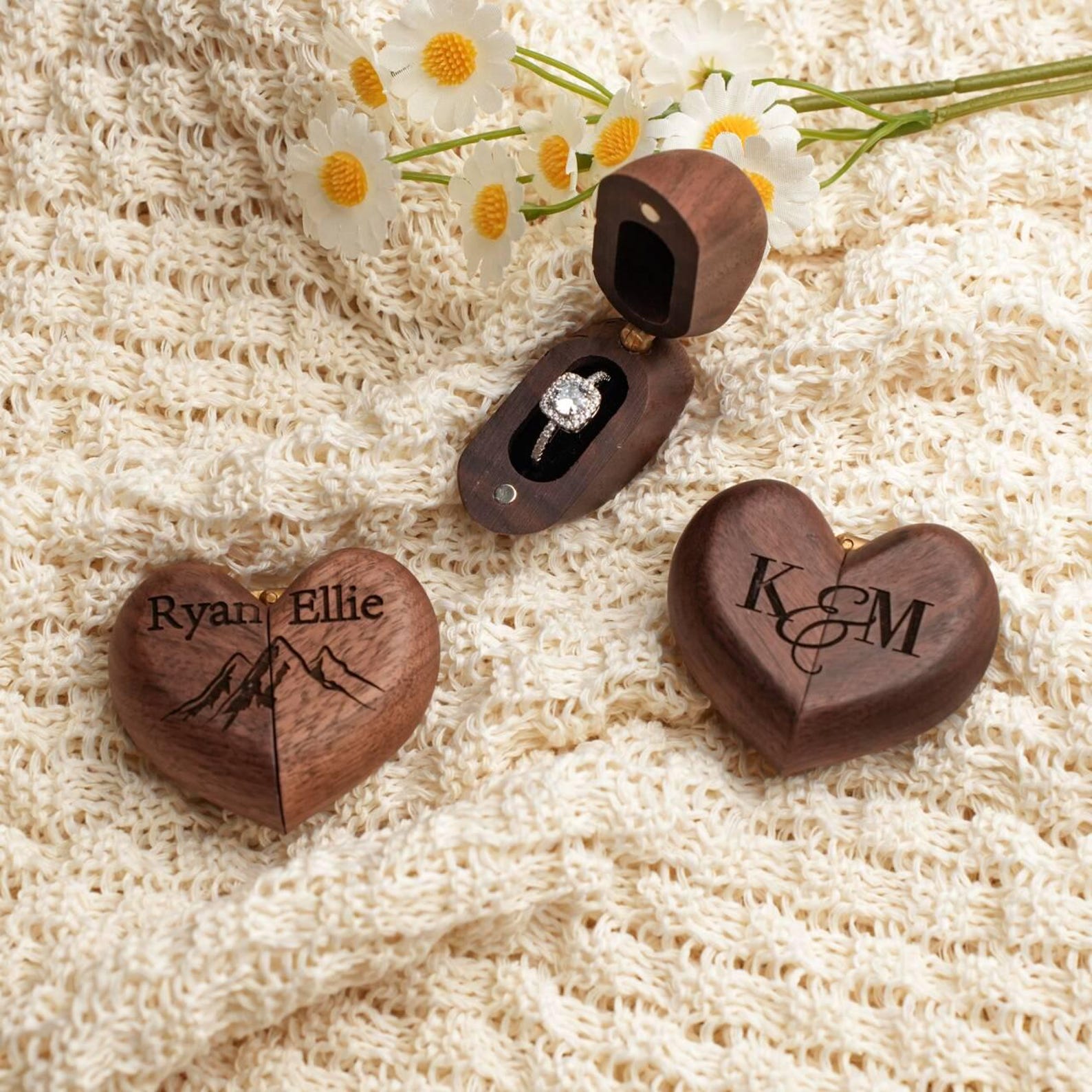 Personalized Custom Heart Shaped Wooden Ring Box, Personalized Walnut Ring Holder, Engagement & Wedding Ring Box, Anniversary Gift