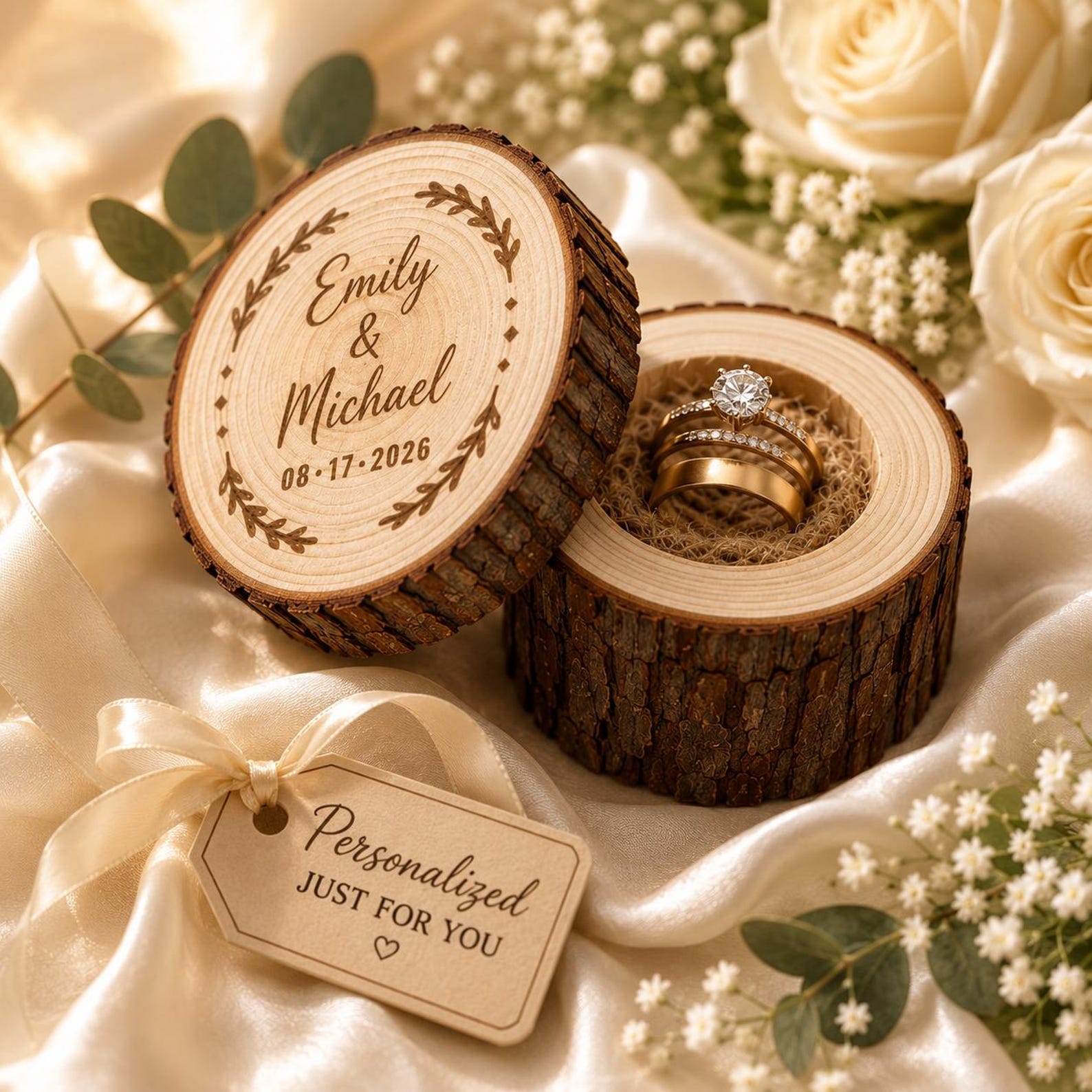 [Copy]Personalised Tree Stump Ring Box, Rustic Wedding Engagement Holder, Personalized Wooden Proposal Box,Golden Silver Wedding Anniversary Tree Trunk