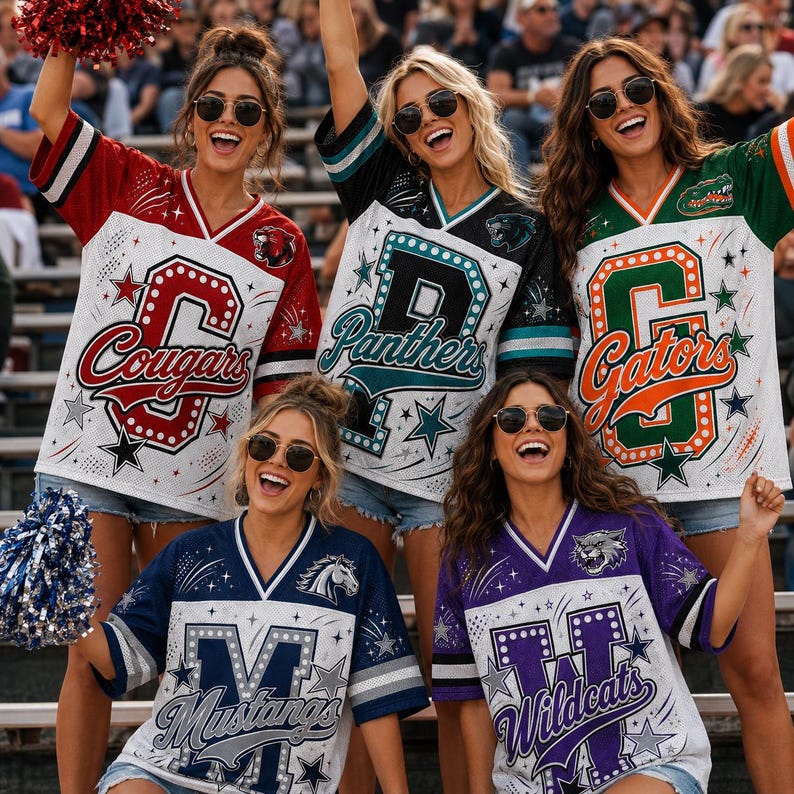 Personalized School Spirit Football Jersey, Custom Sparkle Glitter Letter Mascot V-Neck Shirt, Cute Game Day Friday Night Lights Apparel