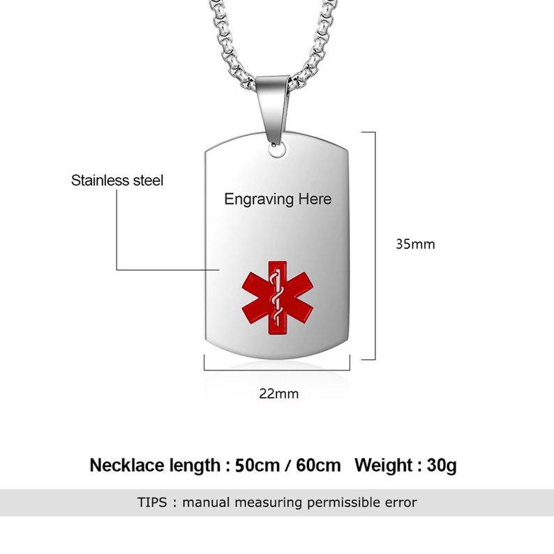 Personalized Medical Alert Necklace for Men Women, Stainless Steel Engraved Medical ID Tag Emergency Med Alert Necklace, Personalized Gift for Him