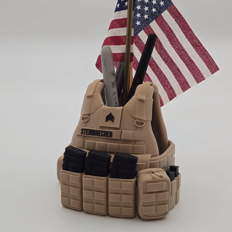 Personalized 3D Printed Gen III Pen Holder – Personalized Military Desk Organizer | Custom Name Tape & Rank