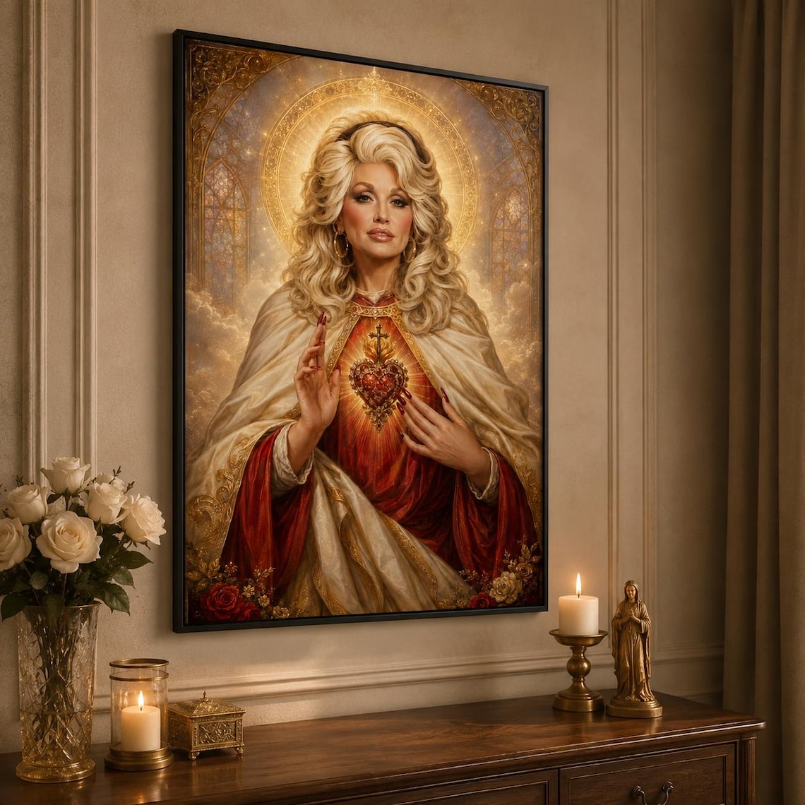 Personalized Dolly  Photo Framed Parton Saint Icon Canvas | Sacred Heart Wall Art | Country Music Legend Decor | Holy Mother Aesthetic Print | Ready to Hang