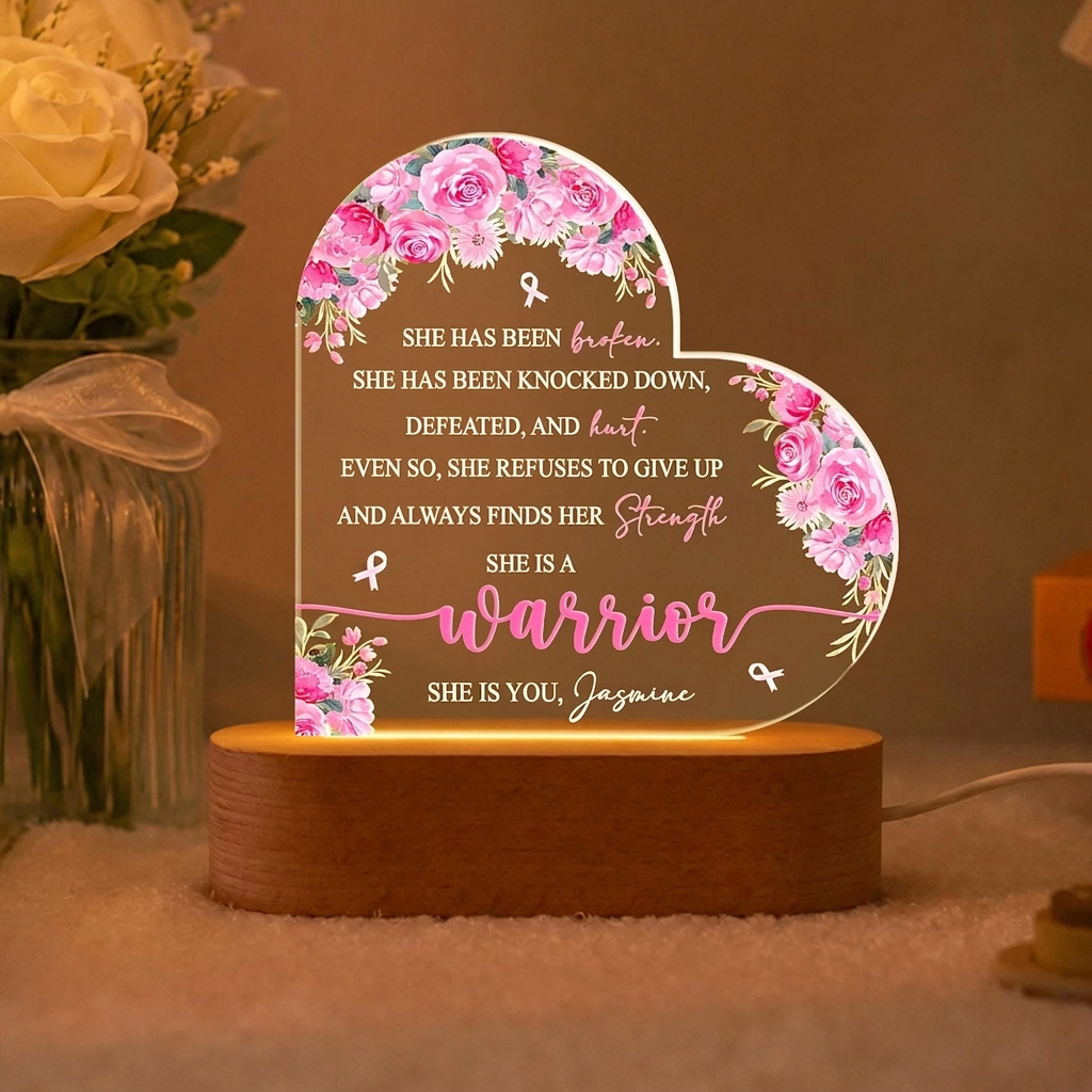 Personalized Warrior Cancer Survivor Custom Pink Ribbon Acrylic Lamp, Strength Keepsake, Encouragement, Breast Cancer Awareness Gift, Survivor Keepsake