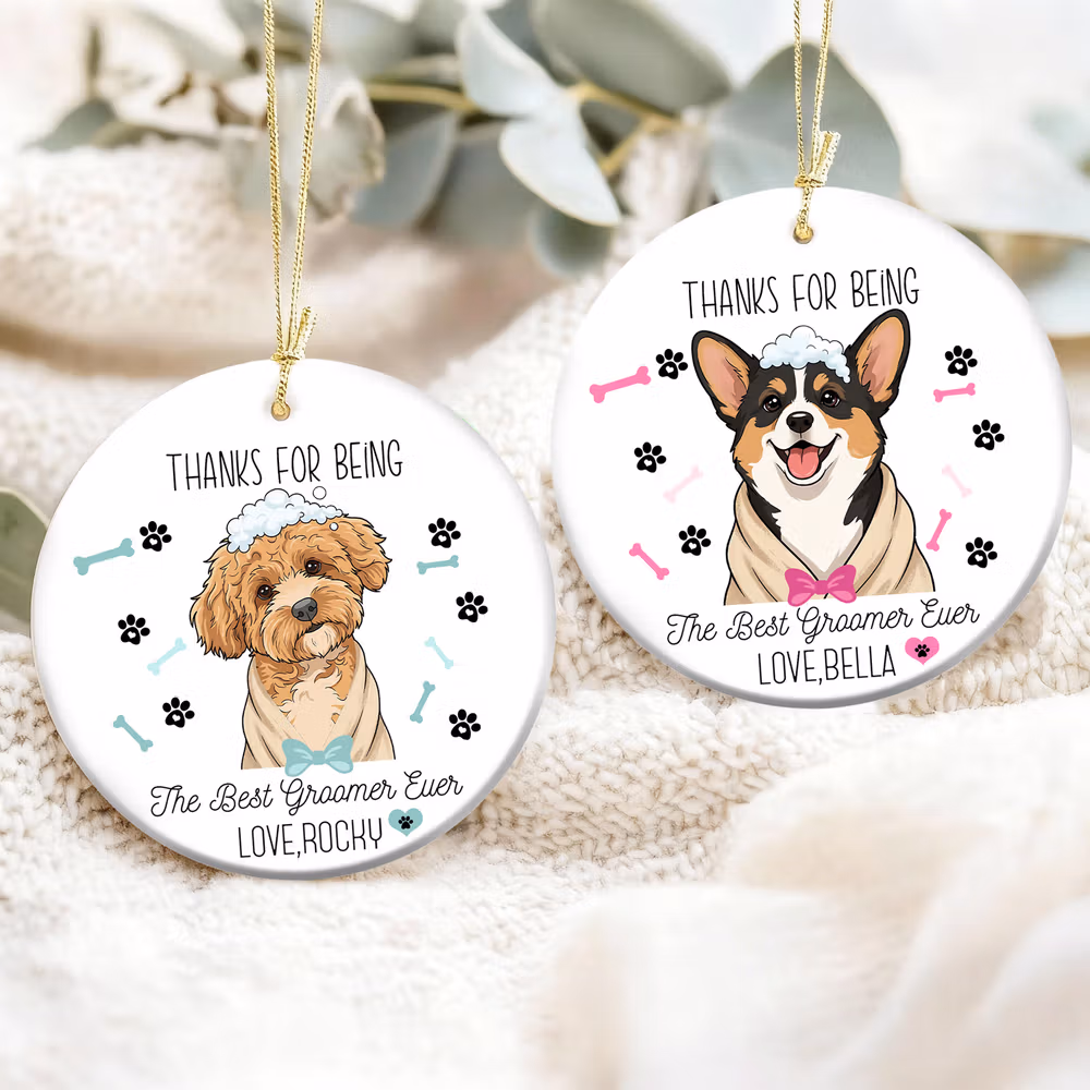 Personalized Dog Bone Paw Cartoon Pet Photo Round Ceramic Ornament with Name Birthday Home Decor Gift for Pet Groomer