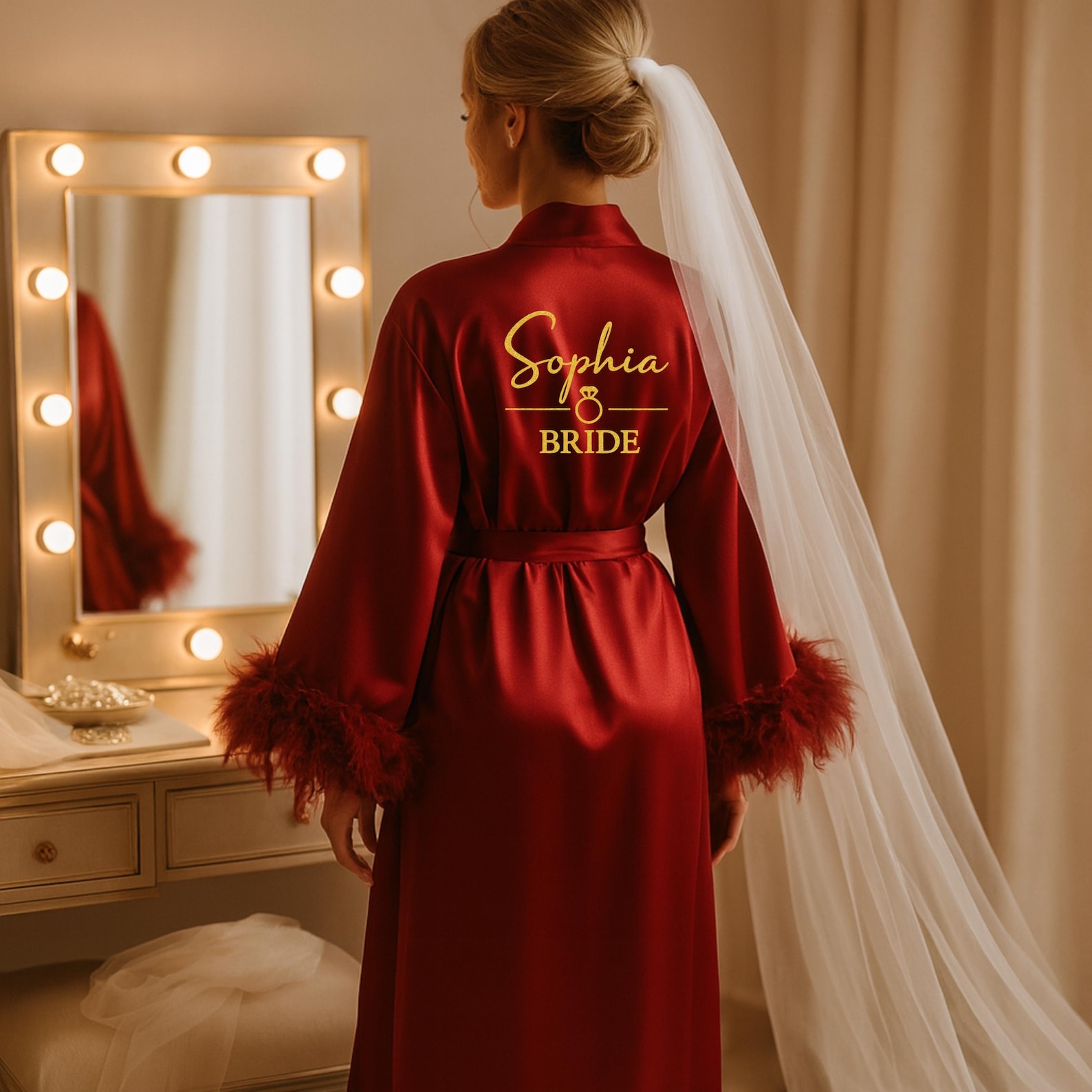Personalized Feather Robe for Bride Bridesmaid Satin Bridal Robe Personalized Robe with Feathers Bachelorette Gift Custom Bridal Robe for Wedding Day