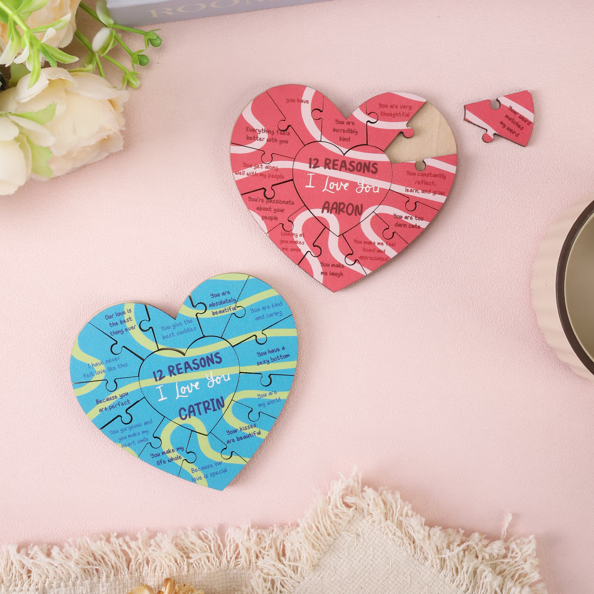Personalized 12 Reasons I Love You Heart Wooden Puzzles with Name Anniversary Wedding Gift for Couple Husband Wife