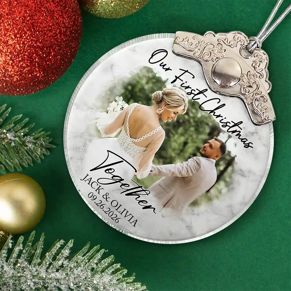 Personalized Photo First Christmas As Mr & Mrs Couples - Personalized Glass Ornament With Silver Cap