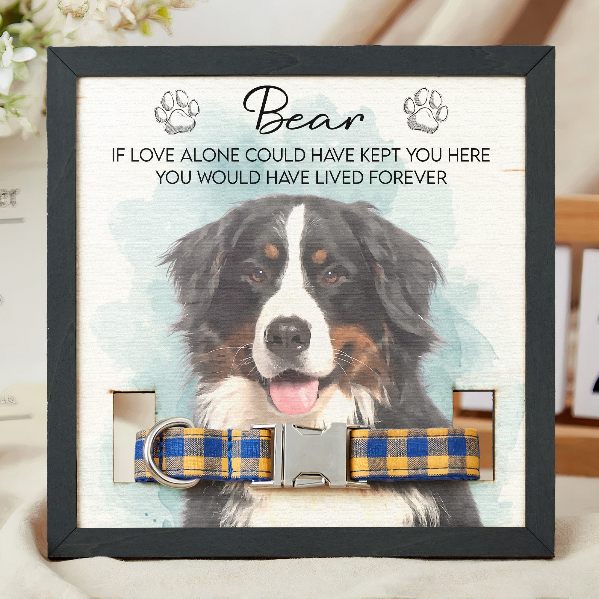 Personalized Pet Collar Frame Keepsake Custom Pet Portrait Watecolor Art - Personalized Frame