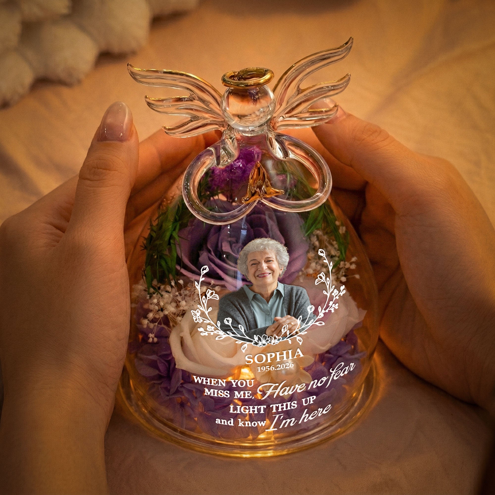 Personalized Light This Up And Know I'm Here Memorial Gift - Personalized Flower In Glass Angel Figurines
