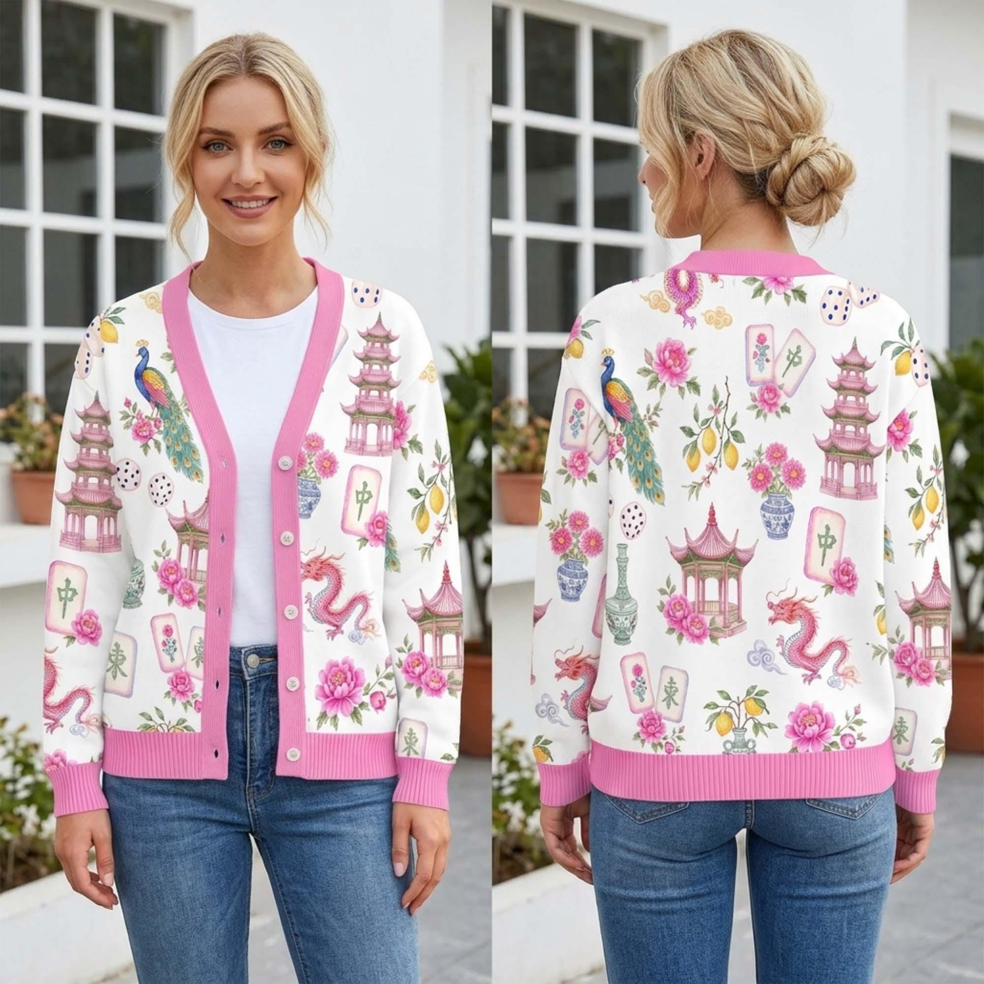 Mahjong Cardigan Sweater, Chinoiserie Floral Tile Print Knitwear, Retro Asian Aesthetic Outfit, Women Game Night Mahjong Lover Gift