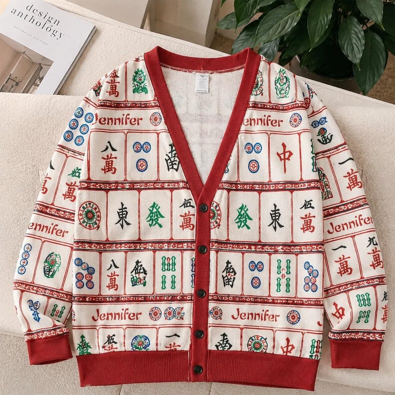 Personalized Mahjong Cardigan, Custom Name Knitted Sweater, Mahjong Lover Gift, Game Night Outfit