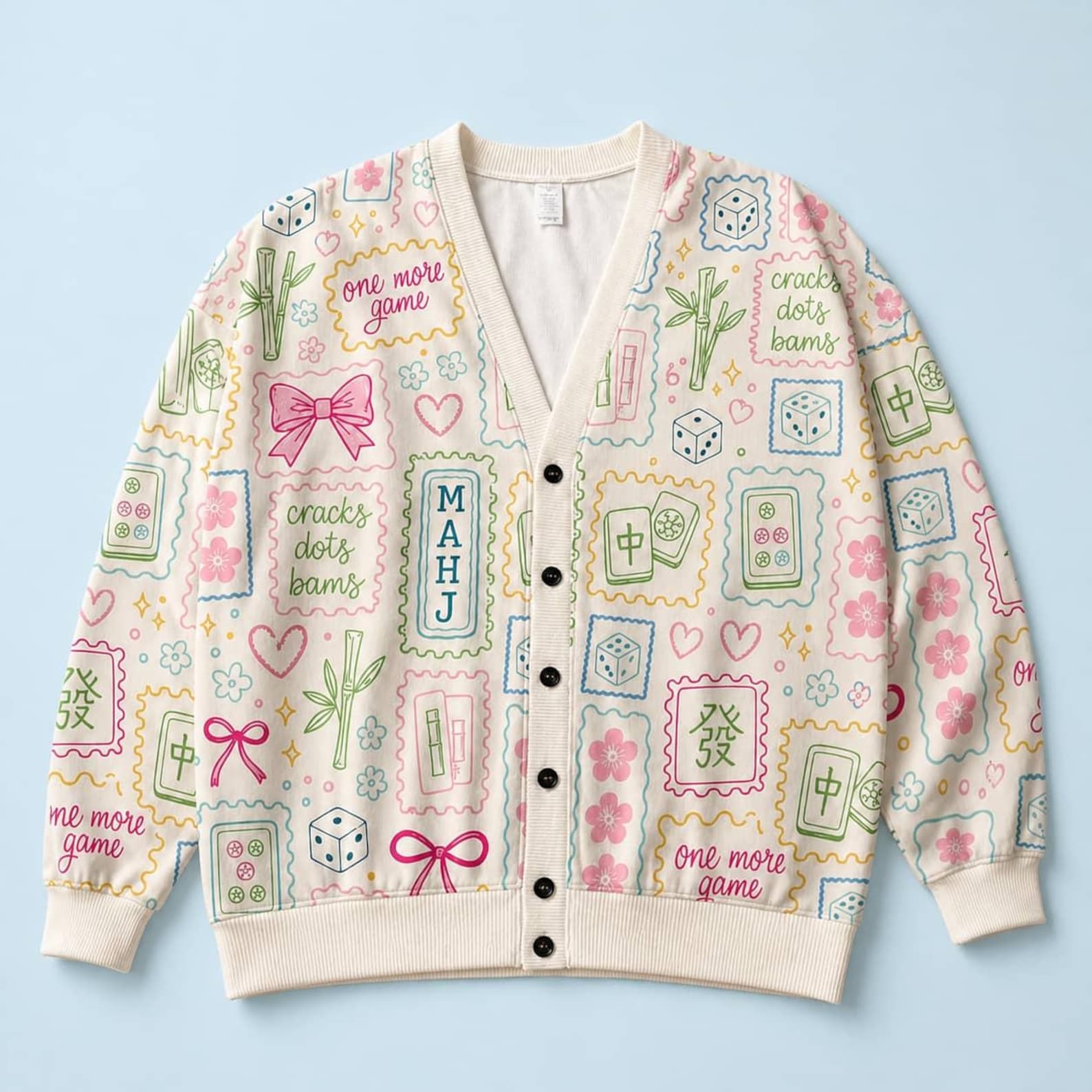 Mahjong Knit Cardigan: Pastel Preppy Mahj Tile Print V-Neck Button Up Sweater