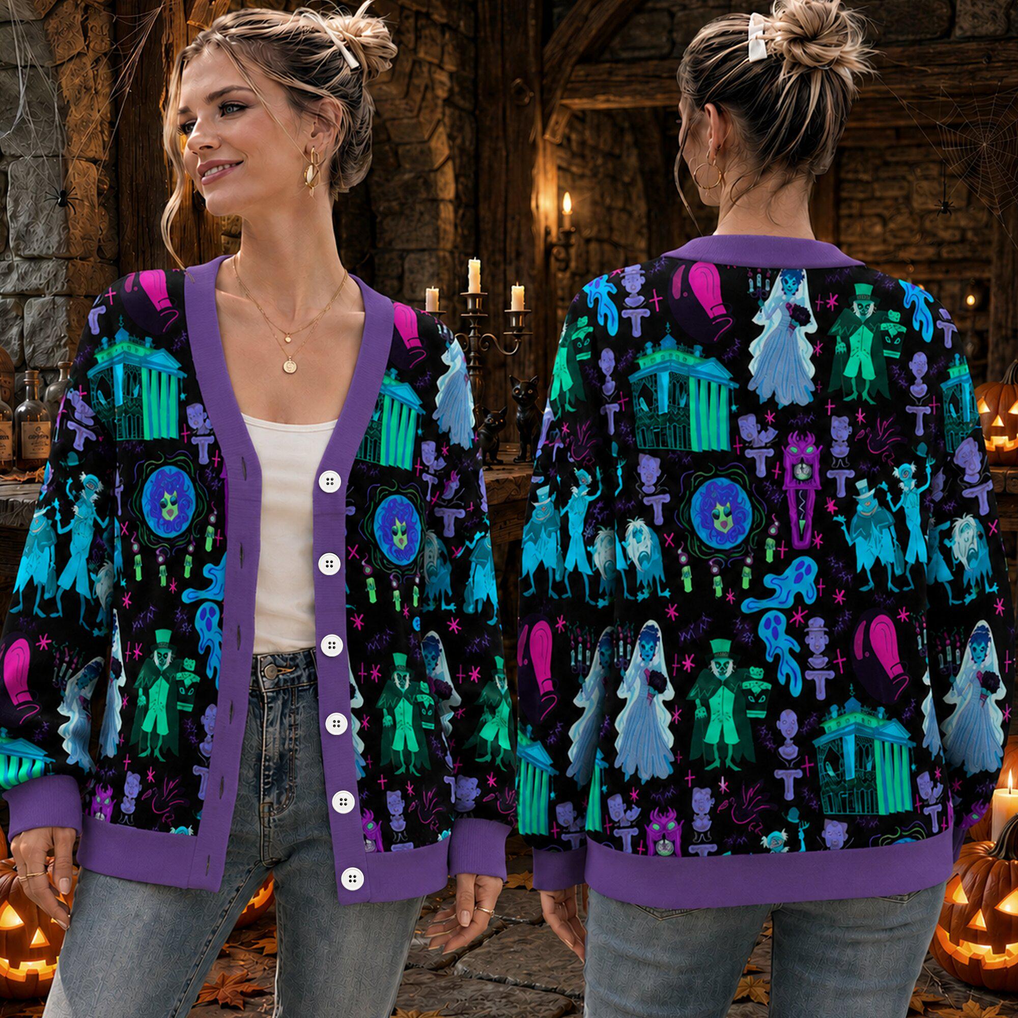 Haunted Mansion Cardigan, Foolish Mortals Spooky Sweater, Hitchhiking Ghosts Knitwear, Madame Leota Autumn Aesthetic, Halloween Outfit