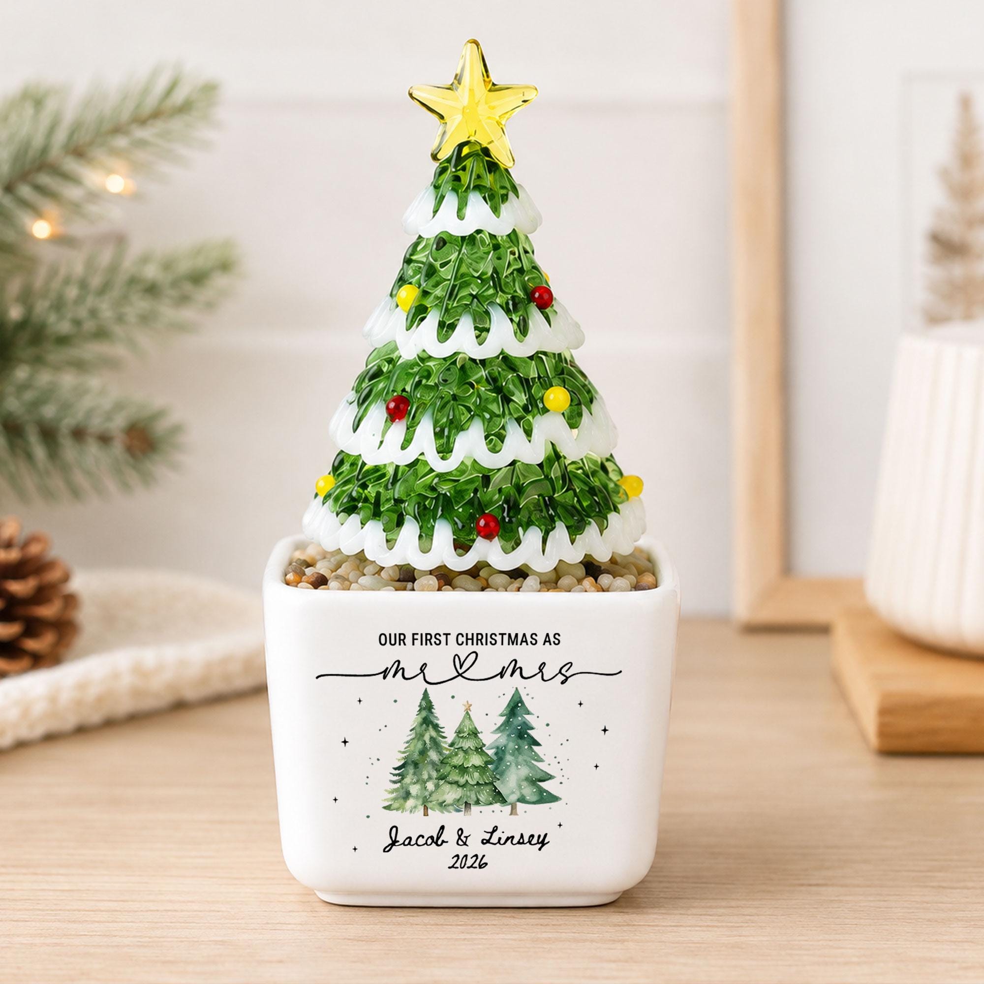 Personalized Our First Christmas as Mr & Mrs Glass Christmas Tree Pot, Custom Newlywed Christmas Keepsake, Christmas Gift 2026